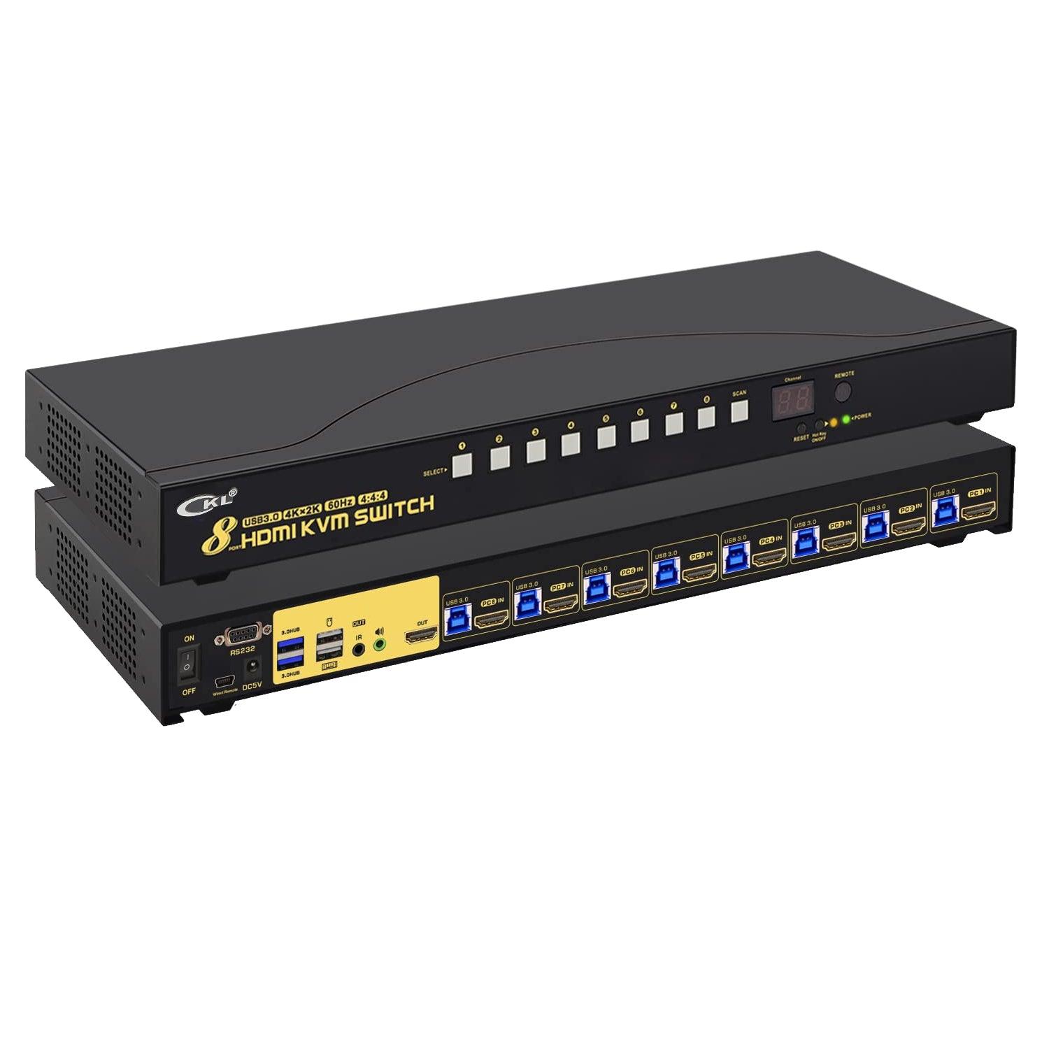 CKL 8 Port Rack Mount USB 3.0 KVM Switch HDMI 4K@60Hz with Audio, Cables and 2 Extra USB 3.0 Hub for 16 Computers Sharing Single Monitor (CKL-9138H-3) - CKL KVM Switches