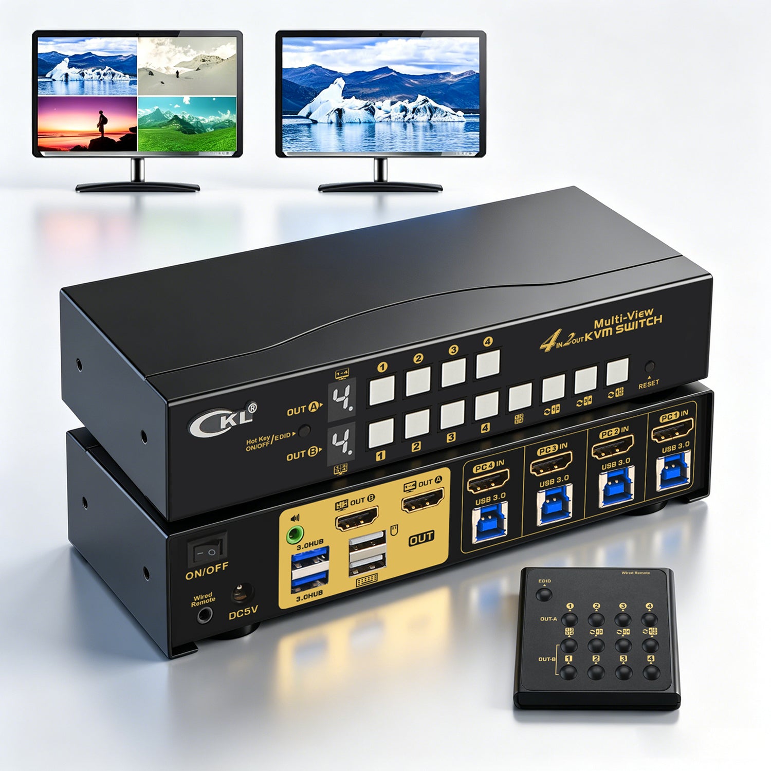 CKL 4x2 Multi-View HDMI Split KVM Switch Dual Monitor Supports Single-Screen, Quad-Screen, Eight-Screen Modes, Split and PIP Function, Sync, Through-Screen, EDID, 4K30Hz, Hotkey Switching 42MVKVM-A CKL KVM Switches