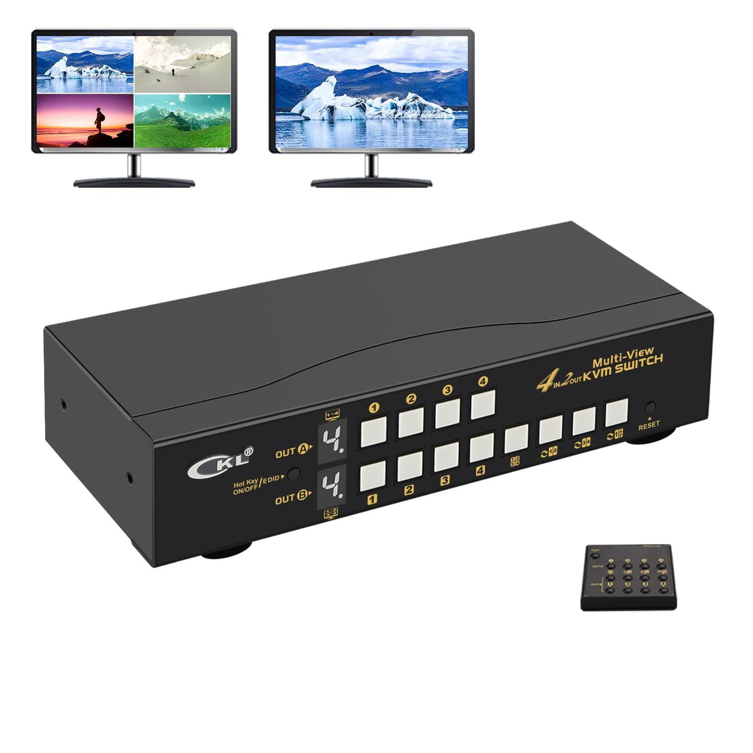 CKL 4 Port HDMI Split Multi-View KVM Switch Dual Monitor with Cables Supports Single-Screen, Dual-Screen, Quad-Screen Modes, Split and PIP Function, Hotkey Switching 42MVKVM-A