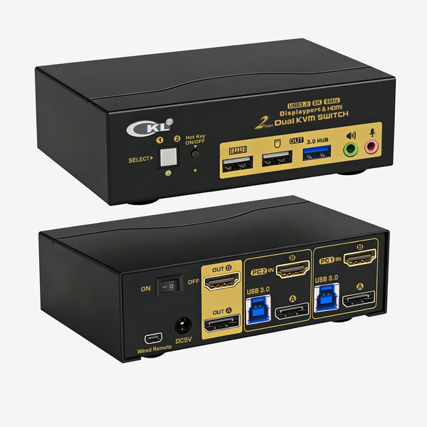 CKL 2 Port USB 3.0 KVM Switch Dual Monitor HDMI 2.0 4K@60Hz(HDMI Out) + DisplayPort 1.4 8K 30Hz 4K 120Hz 144Hz (DP Out), Keyboard Video Mouse Peripherals Switcher for 2 Computers 2 Monitors with Audio (622DH-4) CKL