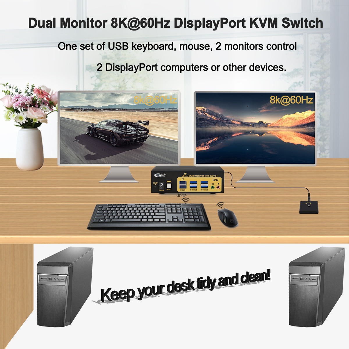 CKL 2 Port Dual Monitor DisplayPort 1.4 KVM Switch 8K@60Hz 4K@144Hz with HDMI Output, Emulated EDID, USB3.0 Hub, 3.5mm Audio Mic, Hotkey for 2 PCs Share Keyboard Mouse 2 Monitors(622DP-5)