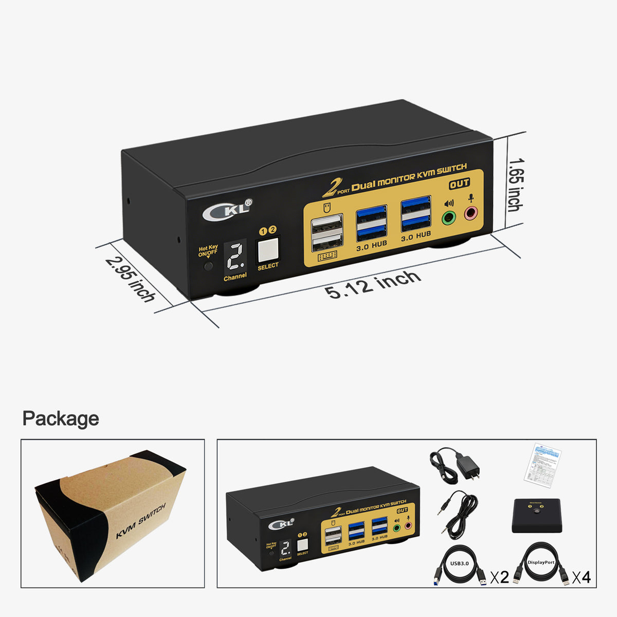 CKL 2 Port Dual Monitor DisplayPort 1.4 KVM Switch 8K@60Hz 4K@144Hz with HDMI Output, Emulated EDID, USB3.0 Hub, 3.5mm Audio Mic, Hotkey for 2 PCs Share Keyboard Mouse 2 Monitors(622DP-5)