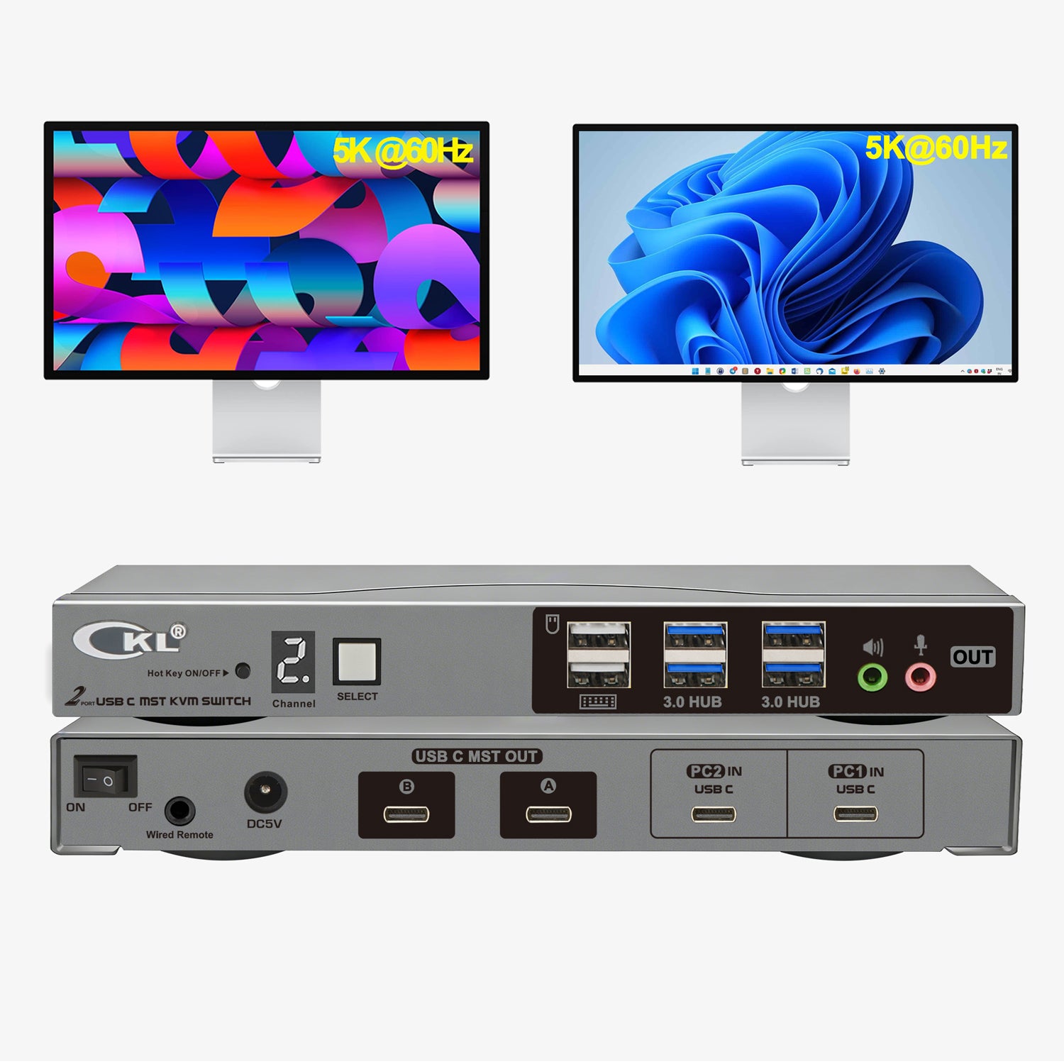 CKL USB C KVM Switch Dual Monitors 4K@60Hz, For 2 USB-C Laptops to Share Keyboard Mouse and 2 Monitors, USB 3.0 Hub & Audio, Compatible Thunderbolt 3/4 USB 4 MST CKL KVM Switches
