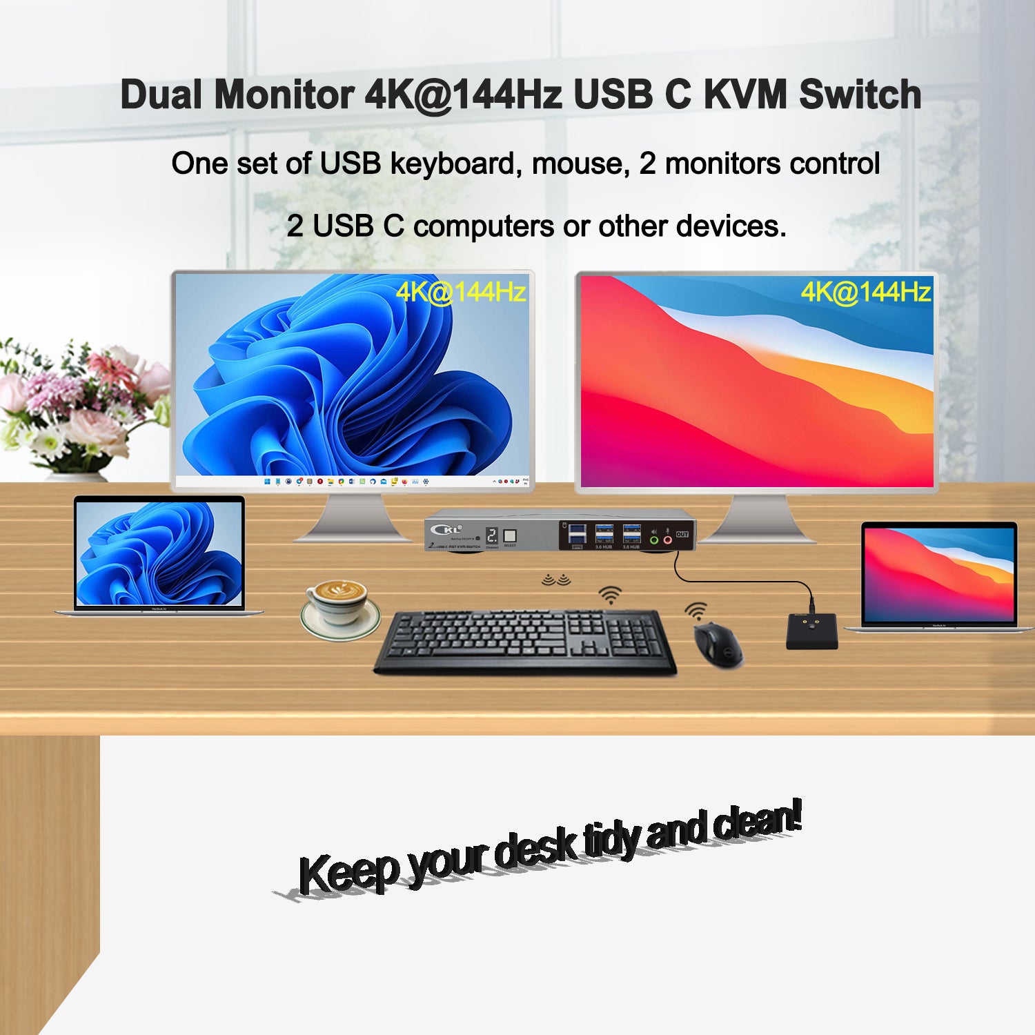 CKL USB C KVM Switch Dual Monitors 4K@60Hz, For 2 USB-C Laptops to Share Keyboard Mouse and 2 Monitors, USB 3.0 Hub & Audio, Compatible Thunderbolt 3/4 USB 4 MST CKL KVM Switches