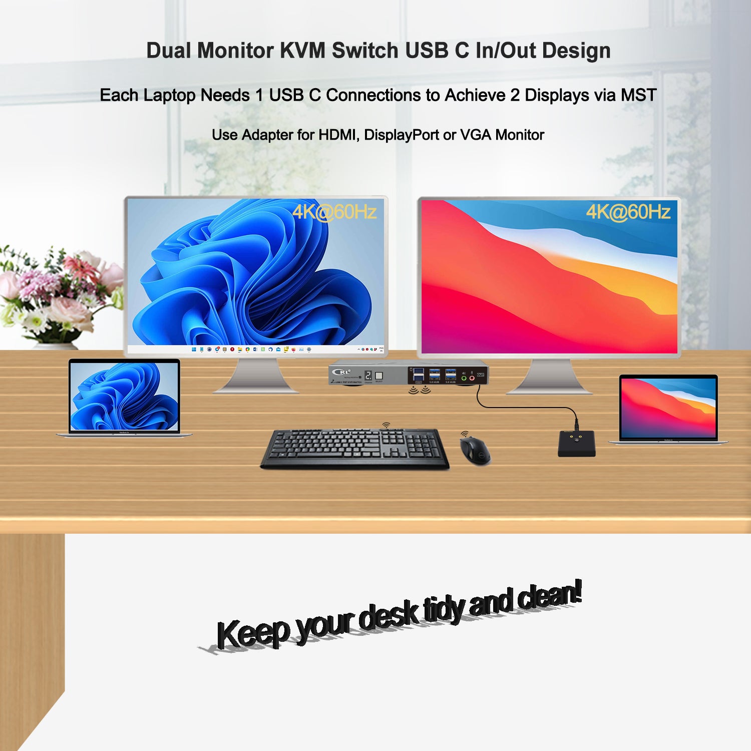 CKL USB C KVM Switch Dual Monitors 4K@60Hz, For 2 USB-C Laptops to Share Keyboard Mouse and 2 Monitors, USB 3.0 Hub & Audio, Compatible Thunderbolt 3/4 USB 4 MST CKL KVM Switches