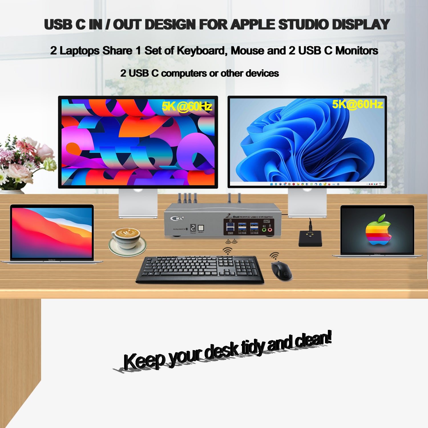 CKL 8K USB C KVM Switch Dual Monitor, Full USB-C In/Out KVM Switch, 2 USB-C Laptops Sharing Keyboard Mouse and 2 Monitors, USB 3.0 Hub & Audio, Plug Play for Mac Windows CKL KVM Switches