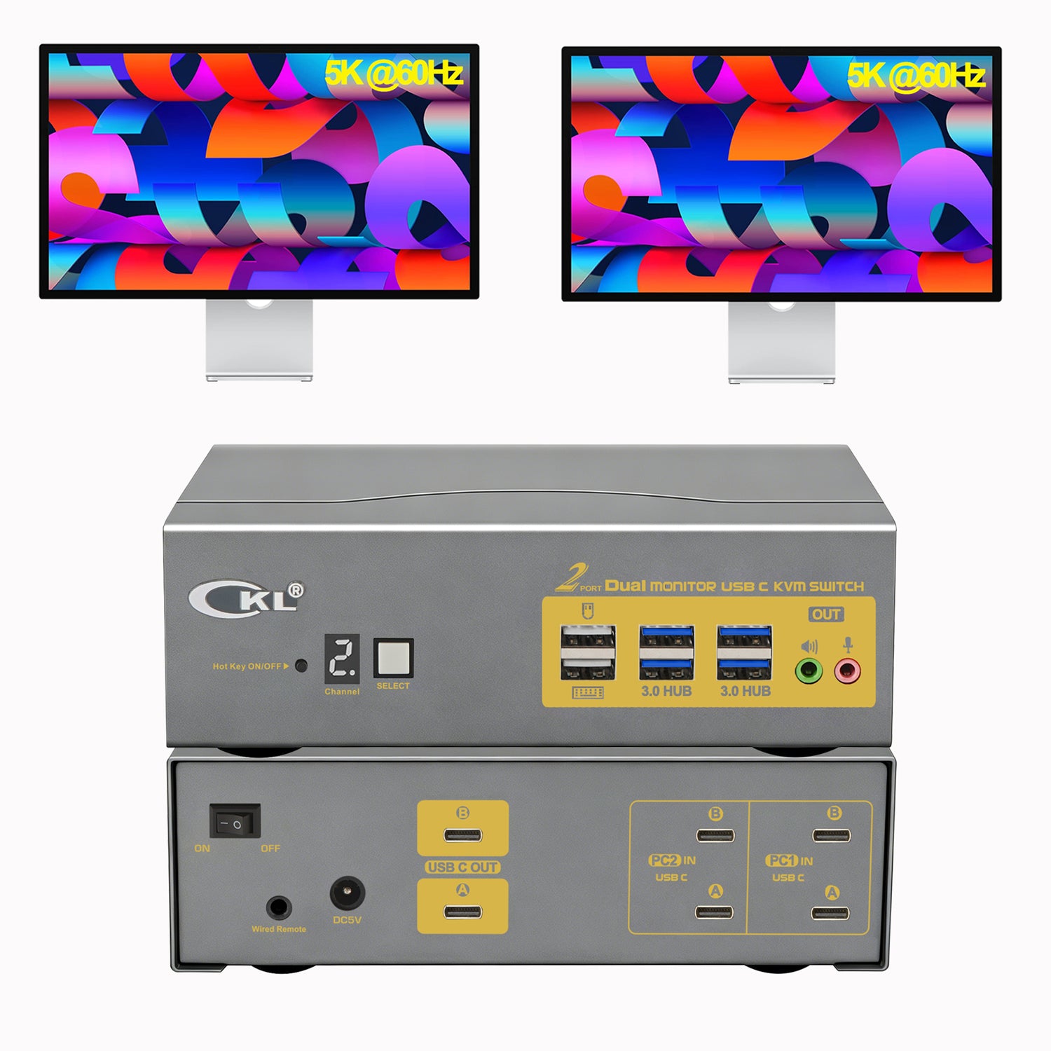 CKL 8K USB C KVM Switch Dual Monitor, Full USB-C In/Out KVM Switch, 2 USB-C Laptops Sharing Keyboard Mouse and 2 Monitors, USB 3.0 Hub & Audio, Plug Play for Mac Windows CKL KVM Switches