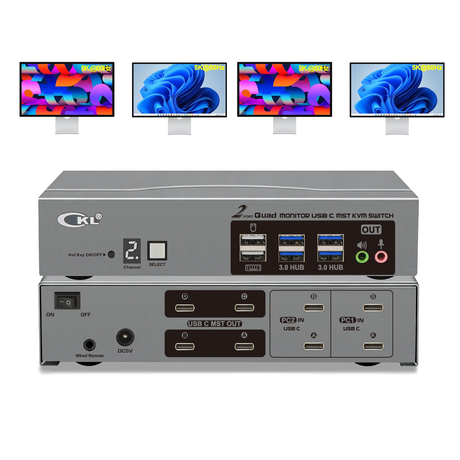 CKL USB C KVM Switch Quad Monitors 4K@60Hz, For 2 USB-C Laptops to Share Keyboard Mouse and 4 Monitors, USB 3.0 Hub & Audio, Compatible Thunderbolt 3/4 USB 4 MST CKL KVM Switches