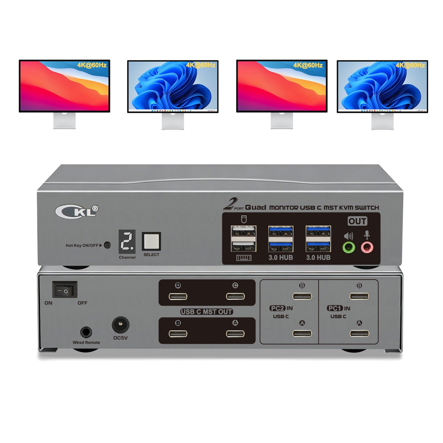 CKL USB C KVM Switch Quad Monitors 4K@60Hz, For 2 USB-C Laptops to Share Keyboard Mouse and 4 Monitors, USB 3.0 Hub & Audio, Compatible Thunderbolt 3/4 USB 4 MST CKL KVM Switches