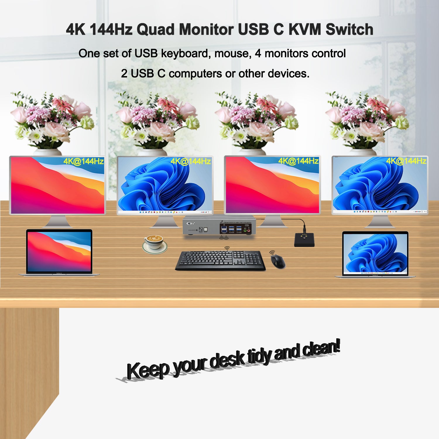 CKL USB C KVM Switch Quad Monitors 4K@60Hz, For 2 USB-C Laptops to Share Keyboard Mouse and 4 Monitors, USB 3.0 Hub & Audio, Compatible Thunderbolt 3/4 USB 4 MST CKL KVM Switches
