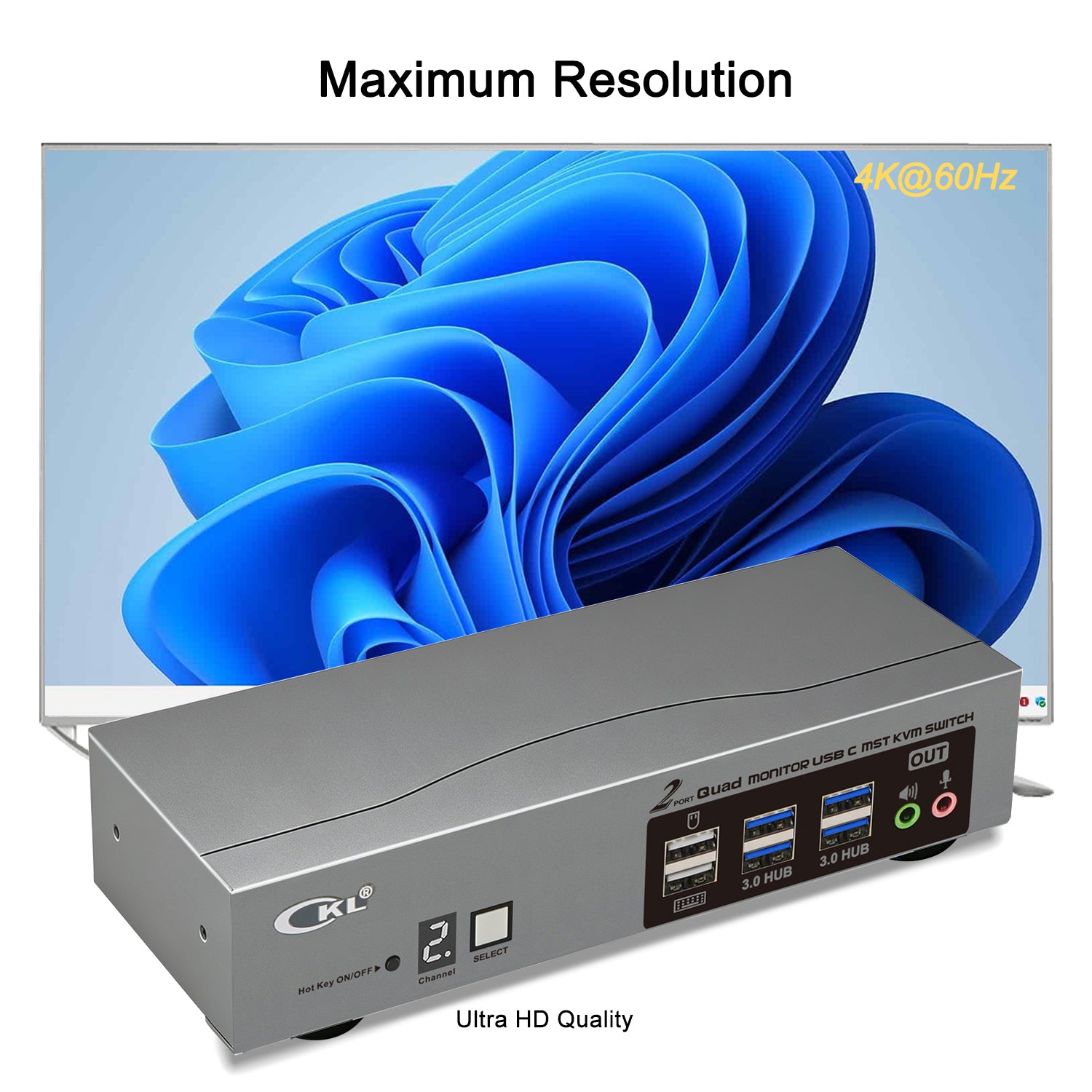 CKL USB C KVM Switch Quad Monitors 4K@60Hz, For 2 USB-C Laptops to Share Keyboard Mouse and 4 Monitors, USB 3.0 Hub & Audio, Compatible Thunderbolt 3/4 USB 4 MST CKL KVM Switches