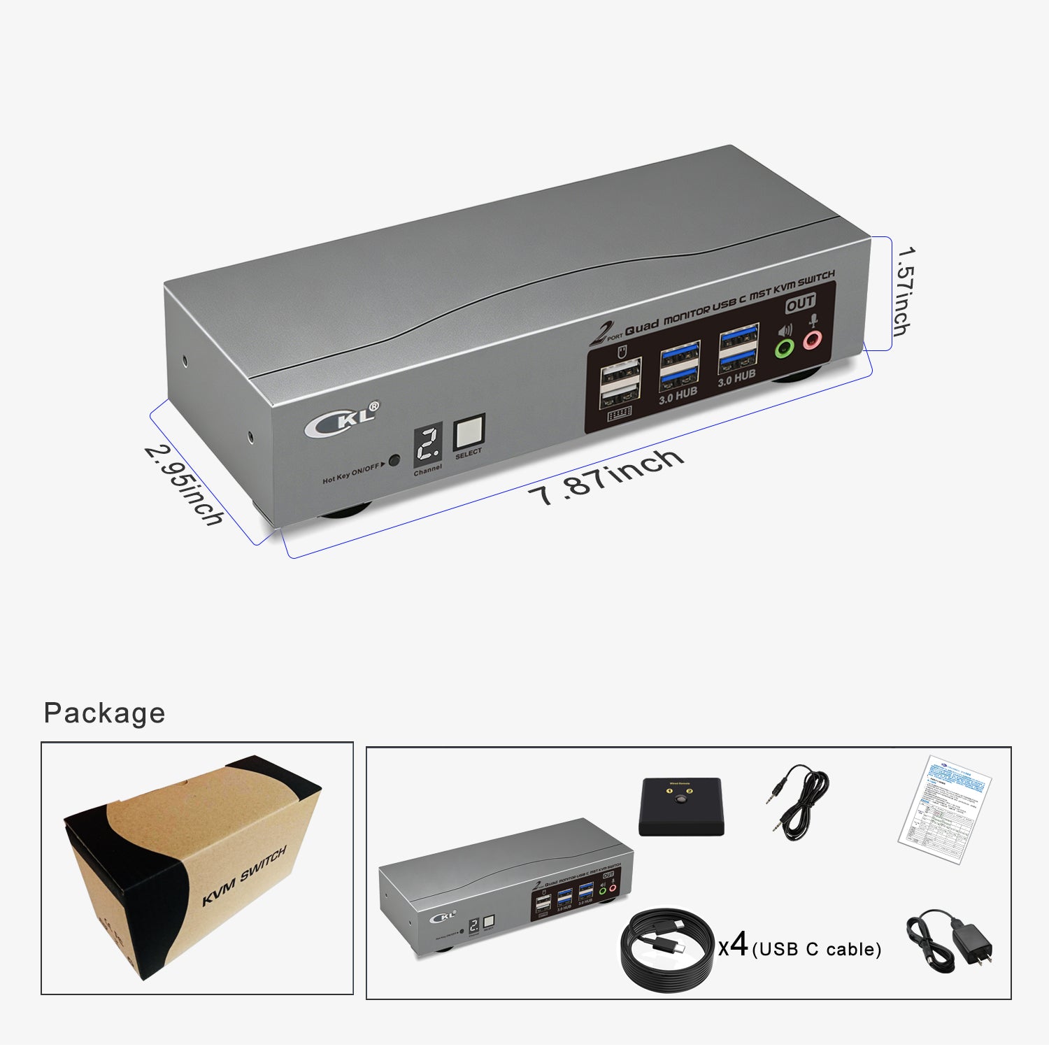 CKL USB C KVM Switch Quad Monitors 4K@60Hz, For 2 USB-C Laptops to Share Keyboard Mouse and 4 Monitors, USB 3.0 Hub & Audio, Compatible Thunderbolt 3/4 USB 4 MST CKL KVM Switches