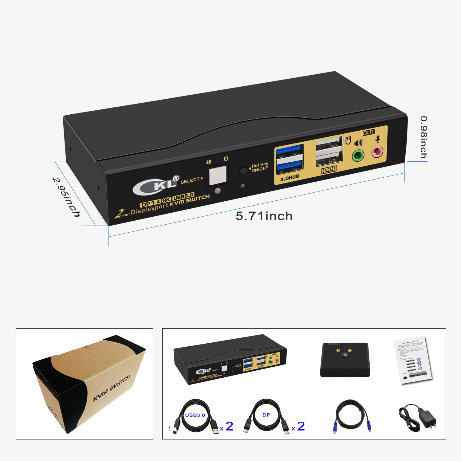 2 Port USB 3.0 KVM Switch Single Monitor DisplayPort 1.4 8K@30Hz 4K@144Hz for 2 Computers 1 Monitors CKL-62DP-4