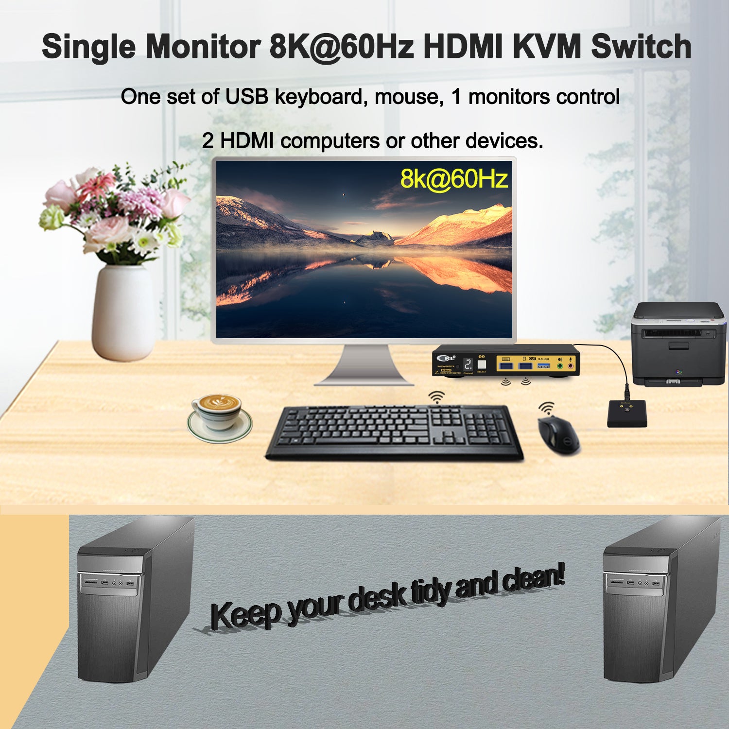 CKL 2 Port USB 3.0 KVM Switch HDMI 2.1 8K 60Hz 4K 120Hz 144Hz with EDID, PC Screen Keyboard Mouse Peripheral Audio Sharing Selector Box for 2 Computers 1 Monitor (62HUA-5)