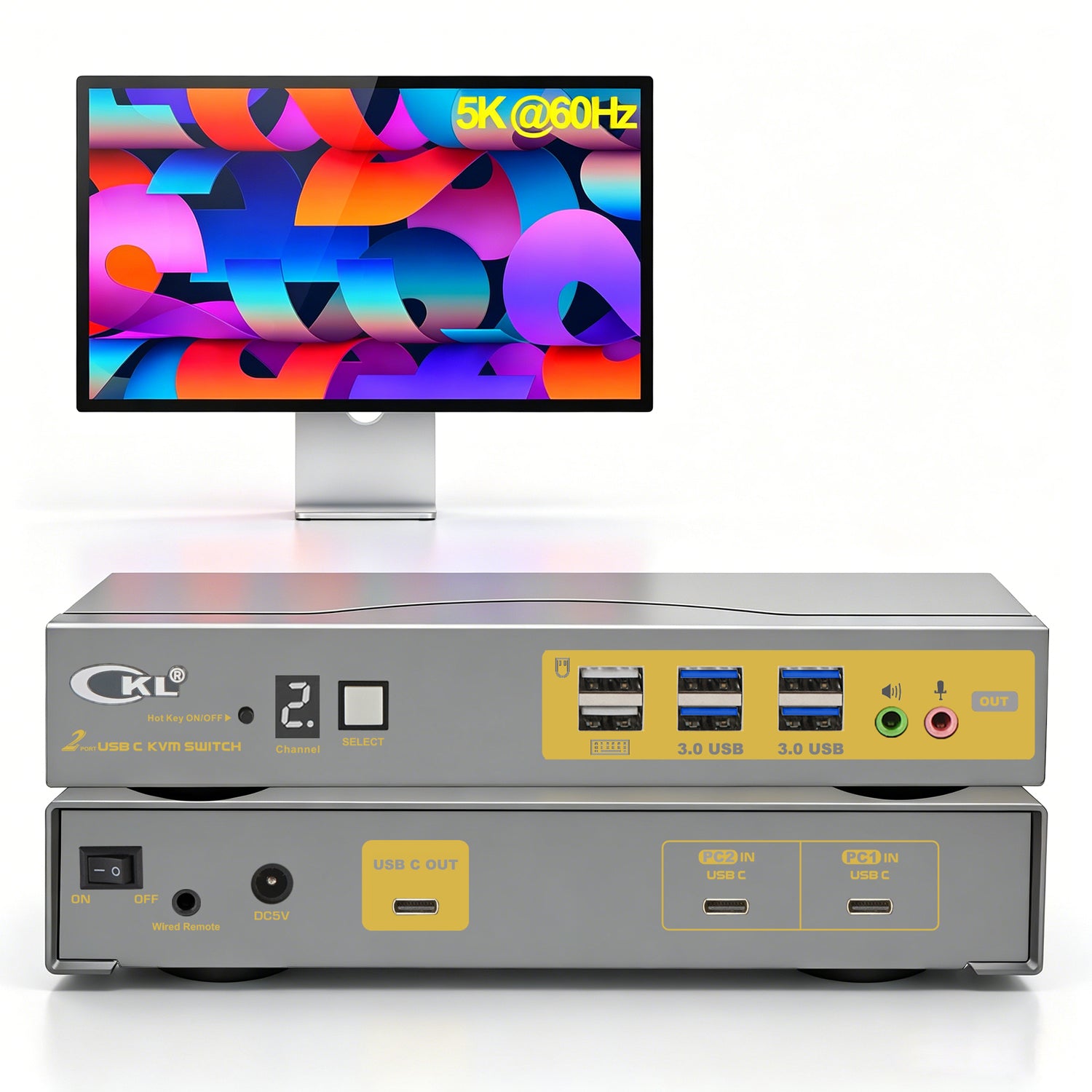 CKL USB C KVM Switch 2 Port, Full USB-C In/Out KVM Switch for Apple Studio Display, 5K@60Hz, 2 USB-C Laptop to 1 Monitor Keyboard Mouse Sharing, USB 3.0 Hub & Audio, Plug Play for Mac Windows CKL KVM Switches