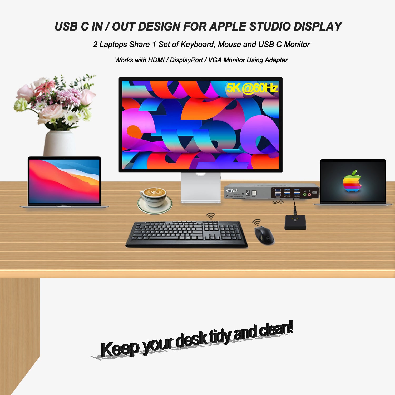 CKL 8K USB C KVM Switch 2 Port, Full USB-C In/Out KVM Switch, 2 USB-C Laptop to 1 Monitor Keyboard Mouse Sharing, USB 3.0 Hub & Audio, Plug Play for Mac Windows CKL KVM Switches