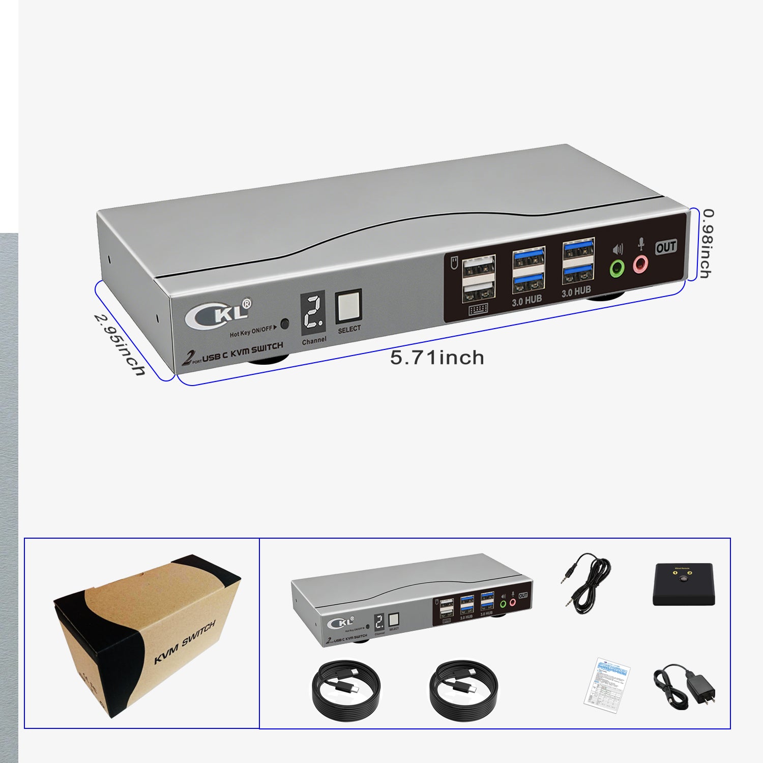 CKL 8K USB C KVM Switch 2 Port, Full USB-C In/Out KVM Switch, 2 USB-C Laptop to 1 Monitor Keyboard Mouse Sharing, USB 3.0 Hub & Audio, Plug Play for Mac Windows CKL KVM Switches