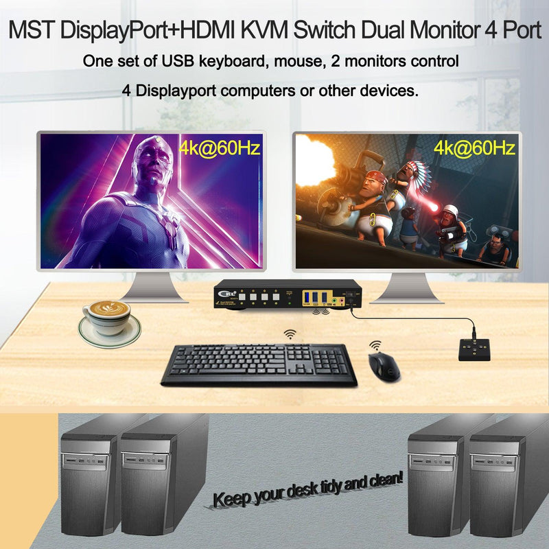 CKL DisplayPort 1.4 MST KVM Switch Dual Monitor 4 Port 4K 60Hz | DisplayPort + HDMI Output | 4 Computers 2 Monitors | Support USB 3.0, Audio, Mic (642DH-MST)