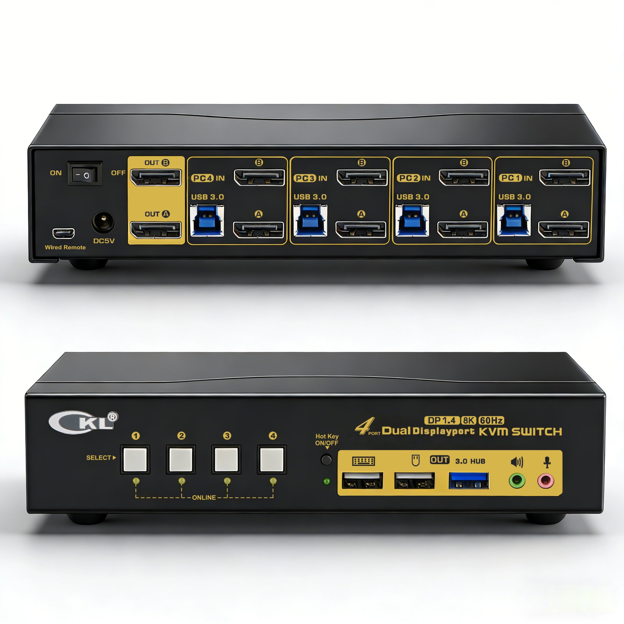 4 Port USB 3.0 KVM Switch Dual Monitor DisplayPort 1.4 8K@30Hz 4K@144Hz for 4 Computers 2 Monitors CKL-642DP-4