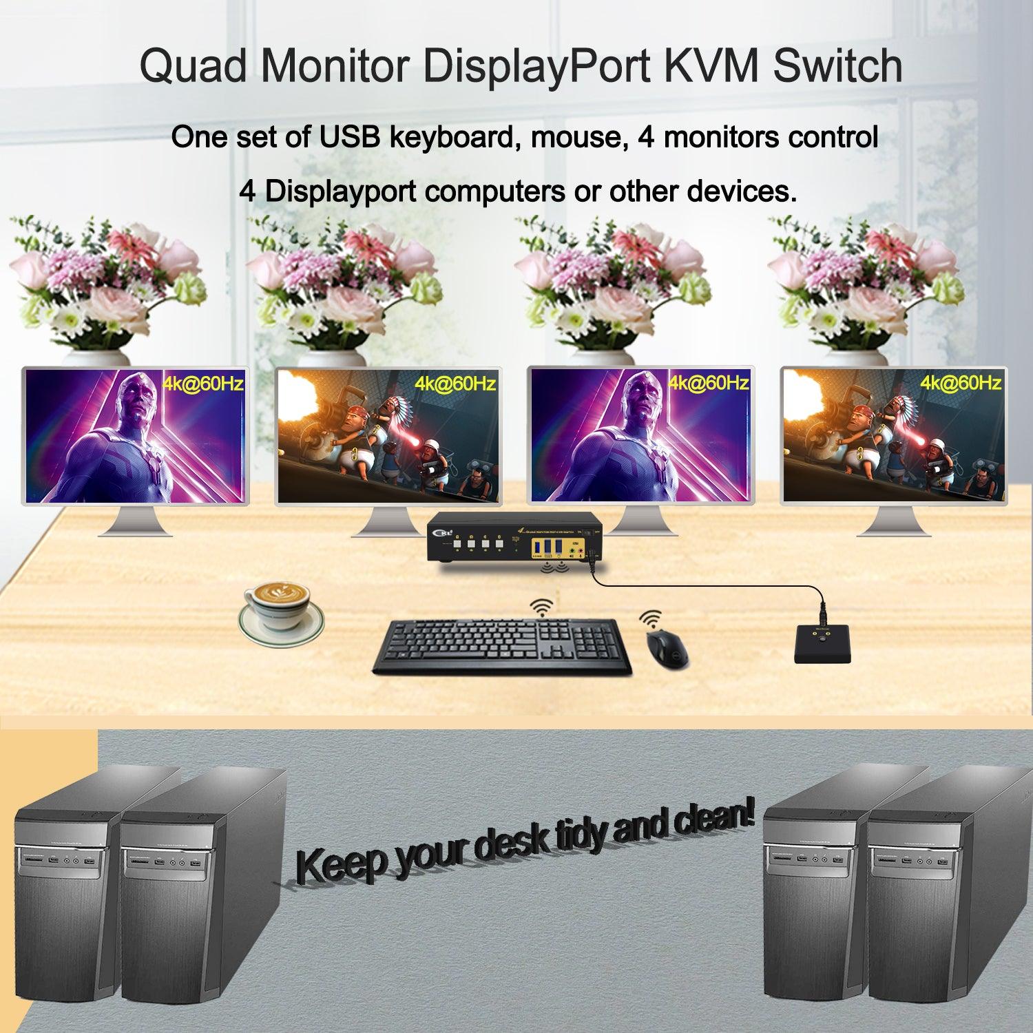 CKL DisplayPort 1.4 MST KVM Switch Quad Monitor 4 Port 4K 60Hz | DisplayPort + DisplayPort Output | 4 Computers 4 Monitors | Support USB 3.0, Audio, Mic (644DP-MST) - CKL KVM Switches