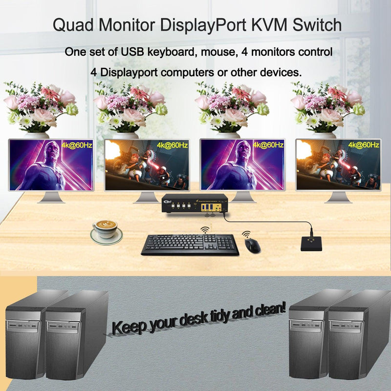 CKL DisplayPort 1.4 MST KVM Switch Quad Monitor 4 Port 4K 60Hz | DisplayPort + DisplayPort Output | 4 Computers 4 Monitors | Support USB 3.0, Audio, Mic (644DP-MST)