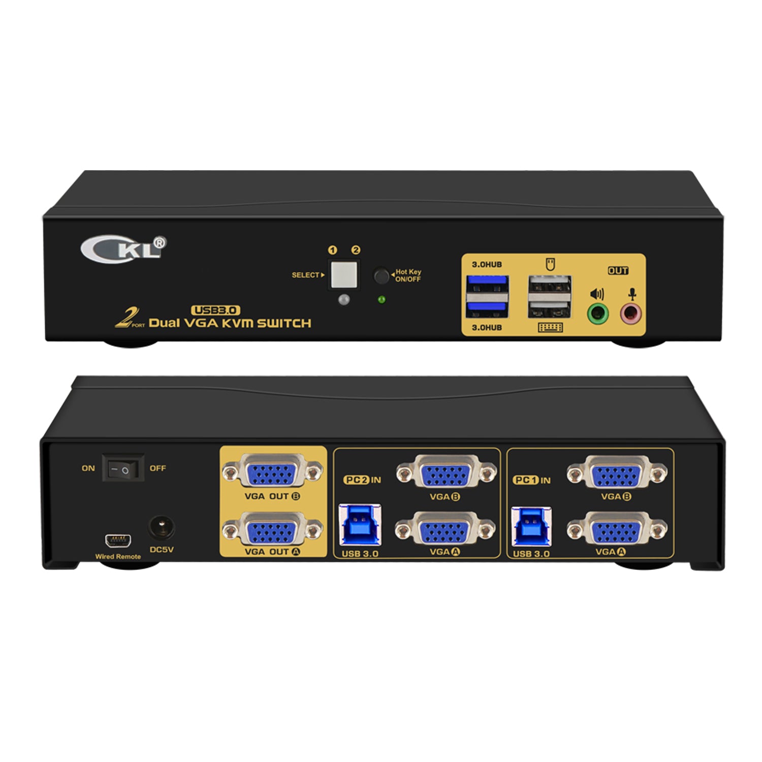CKL 2 Port USB 3.0 VGA KVM Switch Dual Monitor Extended Display Supports 2048 * 1536@450MHz CKL-822UA-3