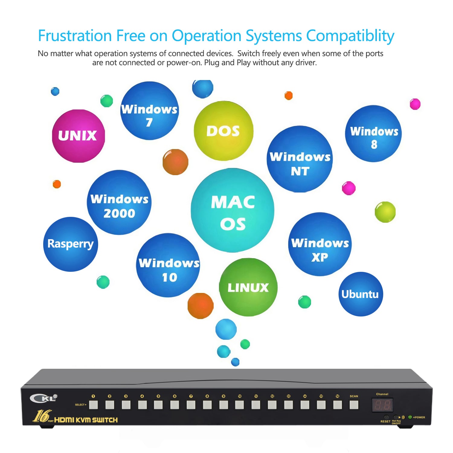 CKL USB HDMI KVM Switch 16 Port 1U Rackmount 4K 60Hz with Cables 9116H-2B