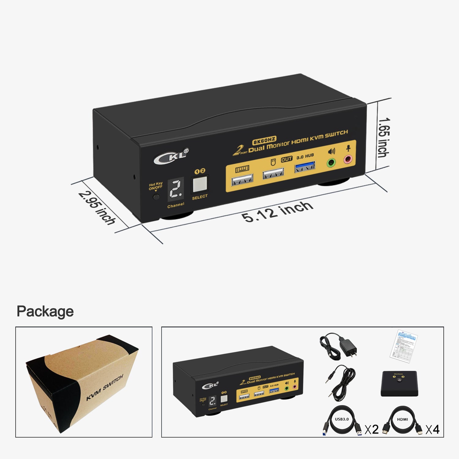 CKL 2 Port USB 3.0 KVM Switch Dual Monitor HDMI 2.1 8K 60Hz 4K 120Hz 144Hz with EDID for 2 Computers 2 Monitors 922HUA-5