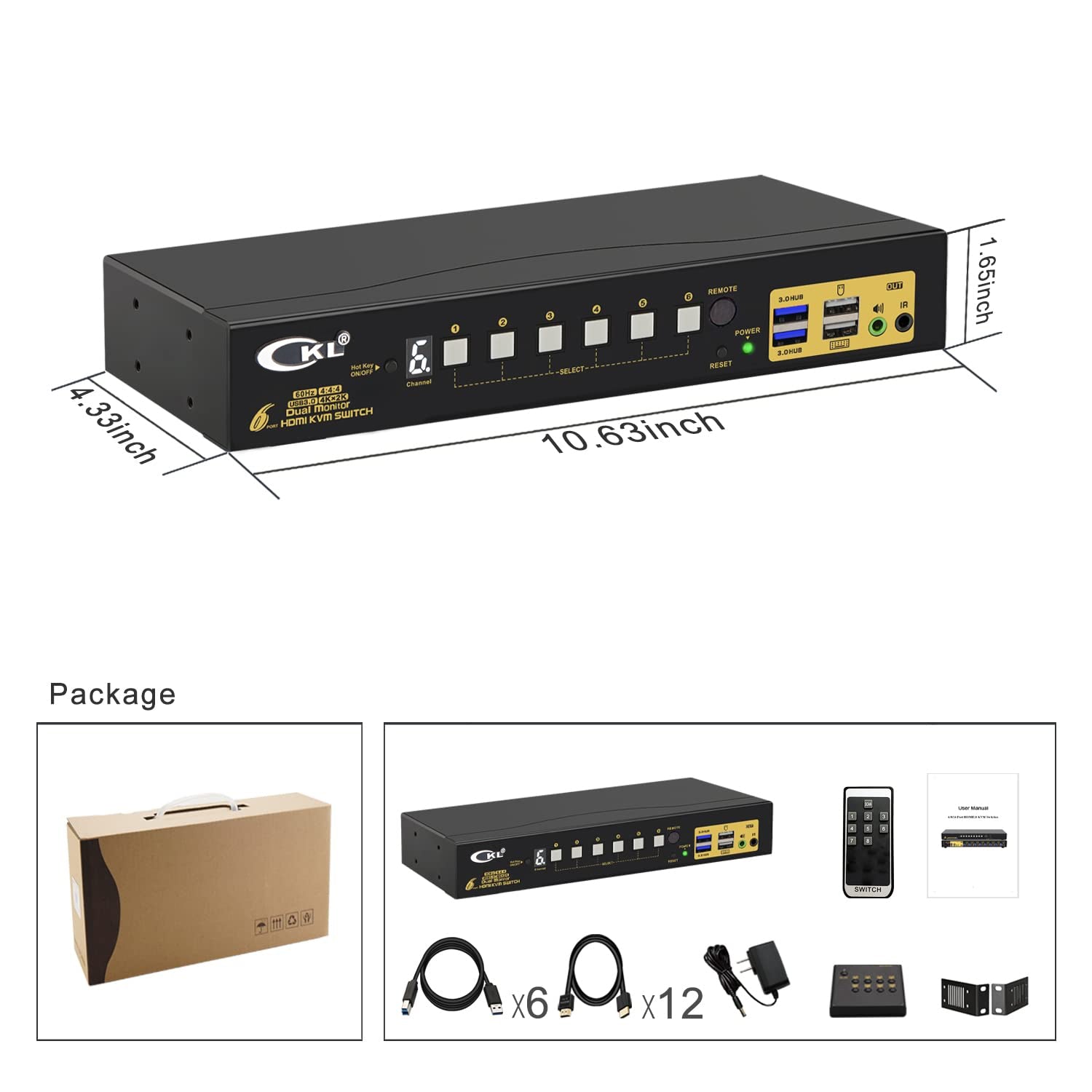 CKL 6 Port Rack Mount HDMI KVM Switch Dual Monitor 4K60Hz with Audio and Cables 9236H-3