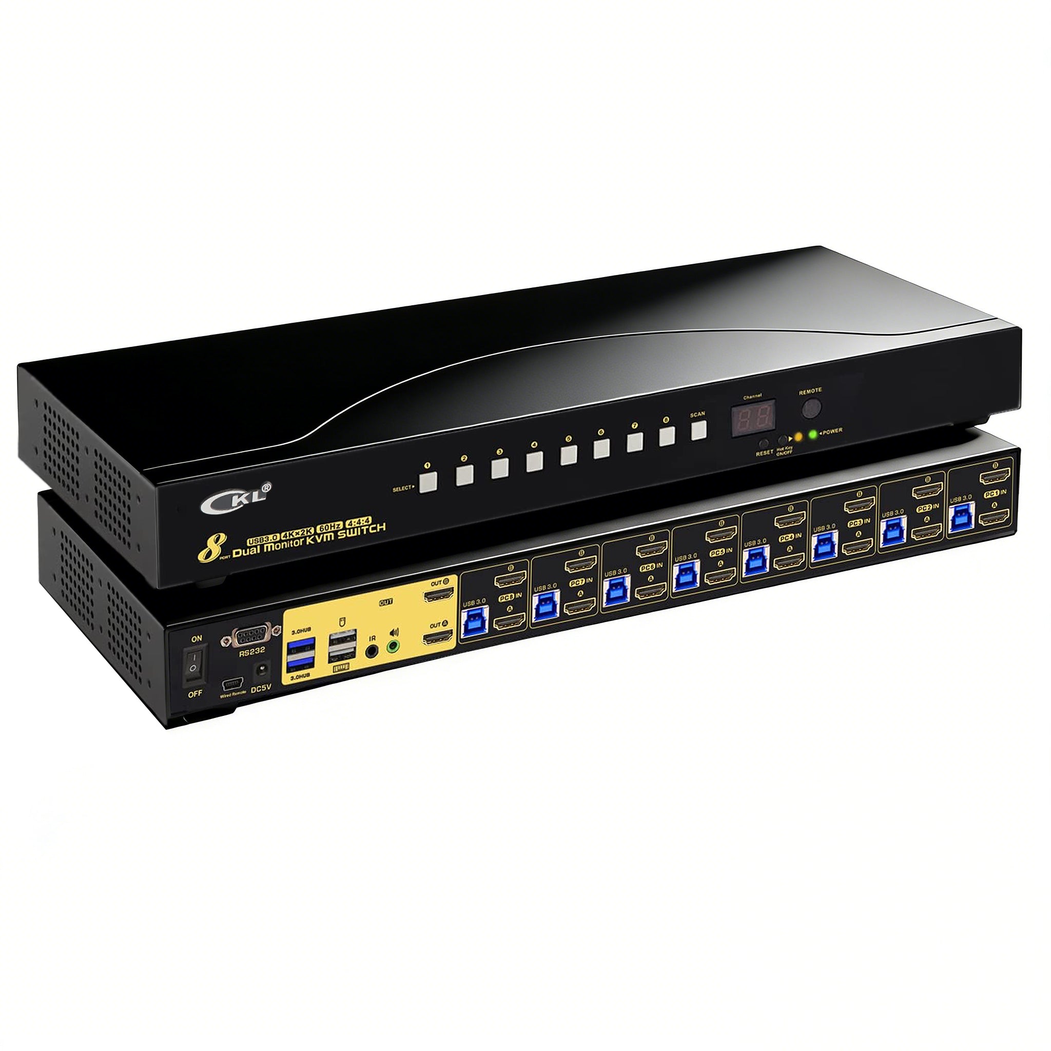 CKL 8 Port USB 3.0 Rack Mount HDMI KVM Switch Dual Monitor 4K@60Hz with Audio, 2 Integrated USB 3.0 Hub and Cables, Keyboard Mouse Hotkey Switcher Box Supports IR Remote （CKL-9238H-3)