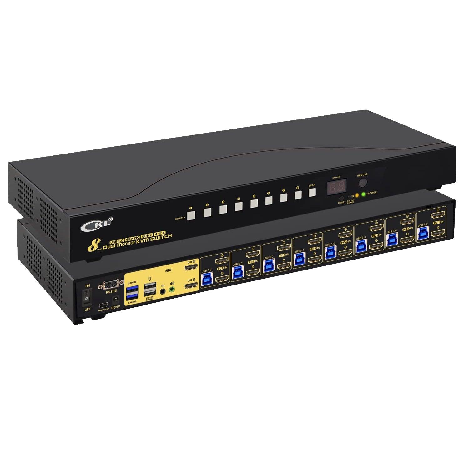 CKL 8 Port USB 3.0 Rack Mount HDMI KVM Switch Dual Monitor 4K@60Hz with Audio, 2 Integrated USB 3.0 Hub and Cables, Keyboard Mouse Hotkey Switcher Box Supports IR Remote （CKL-9238H-3) - CKL KVM Switches