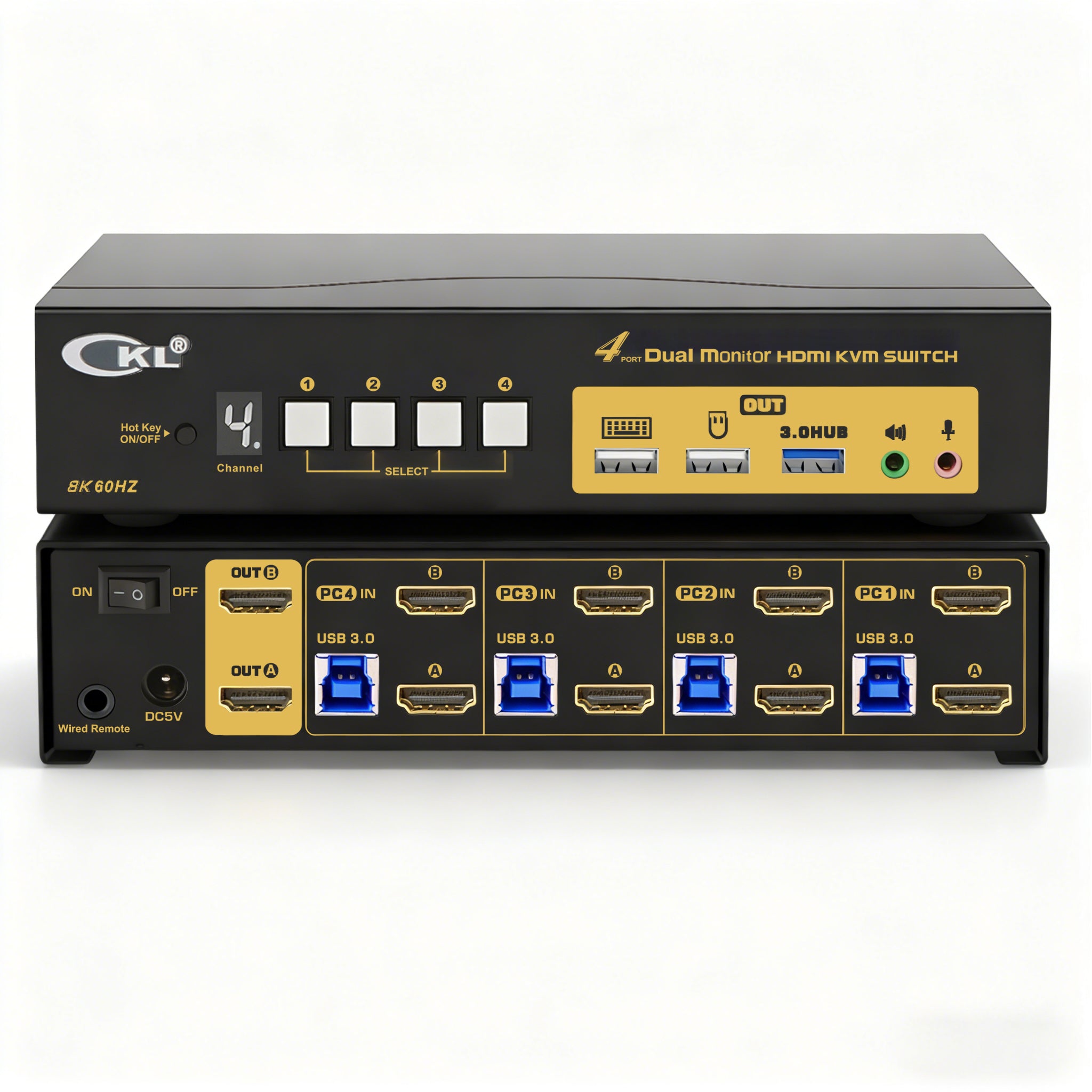 CKL 4 Port USB 3.0 KVM Switch Dual Monitor HDMI 2.1 8K 60Hz 4K 120Hz 144Hz with EDID for 4 Computers 2 Monitor (942HUA-5)