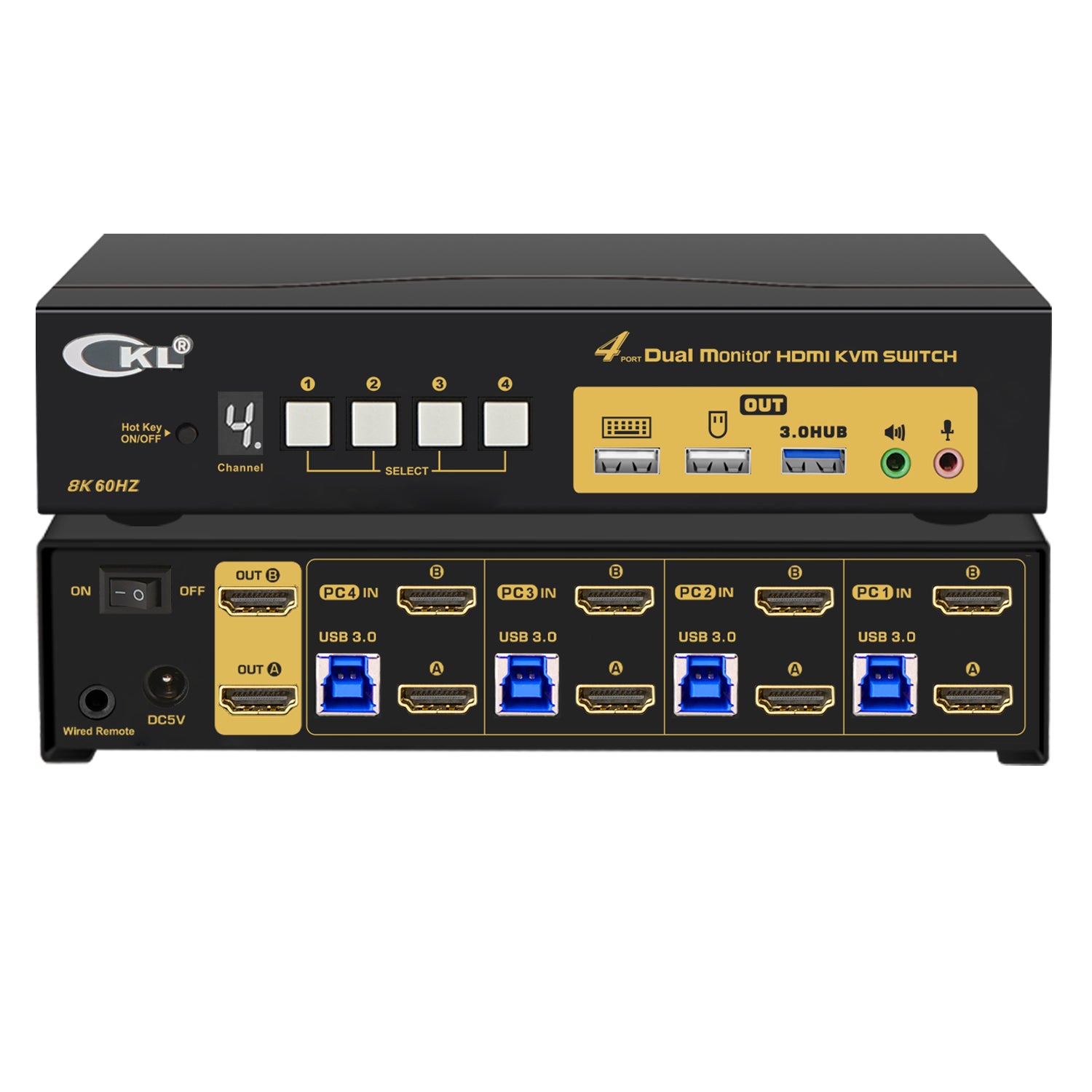 CKL 4 Port USB 3.0 KVM Switch Dual Monitor HDMI 2.1 8K 60Hz 4K 120Hz 144Hz with EDID for 4 Computers 2 Monitor