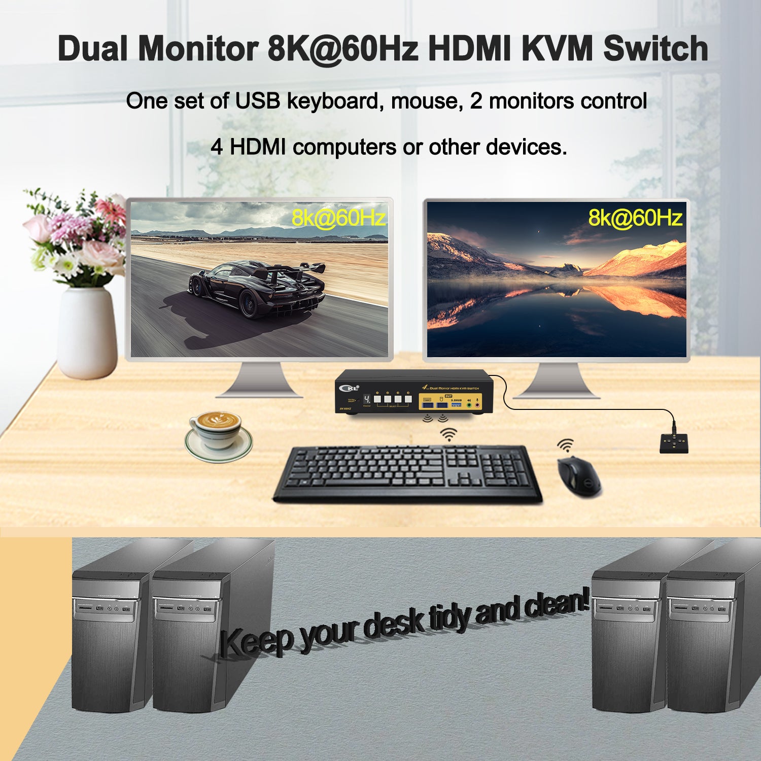CKL 4 Port USB 3.0 KVM Switch Dual Monitor HDMI 2.1 8K 60Hz 4K 120Hz 144Hz with EDID for 4 Computers 2 Monitor