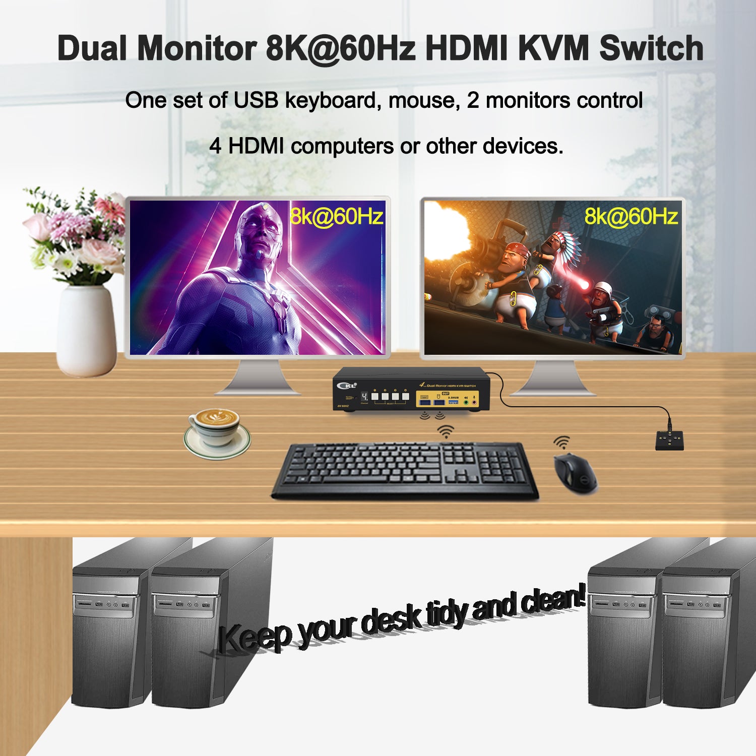 CKL 4 Port USB 3.0 KVM Switch Dual Monitor HDMI 2.1 8K 60Hz 4K 120Hz 144Hz with EDID for 4 Computers 2 Monitor (942HUA-5)