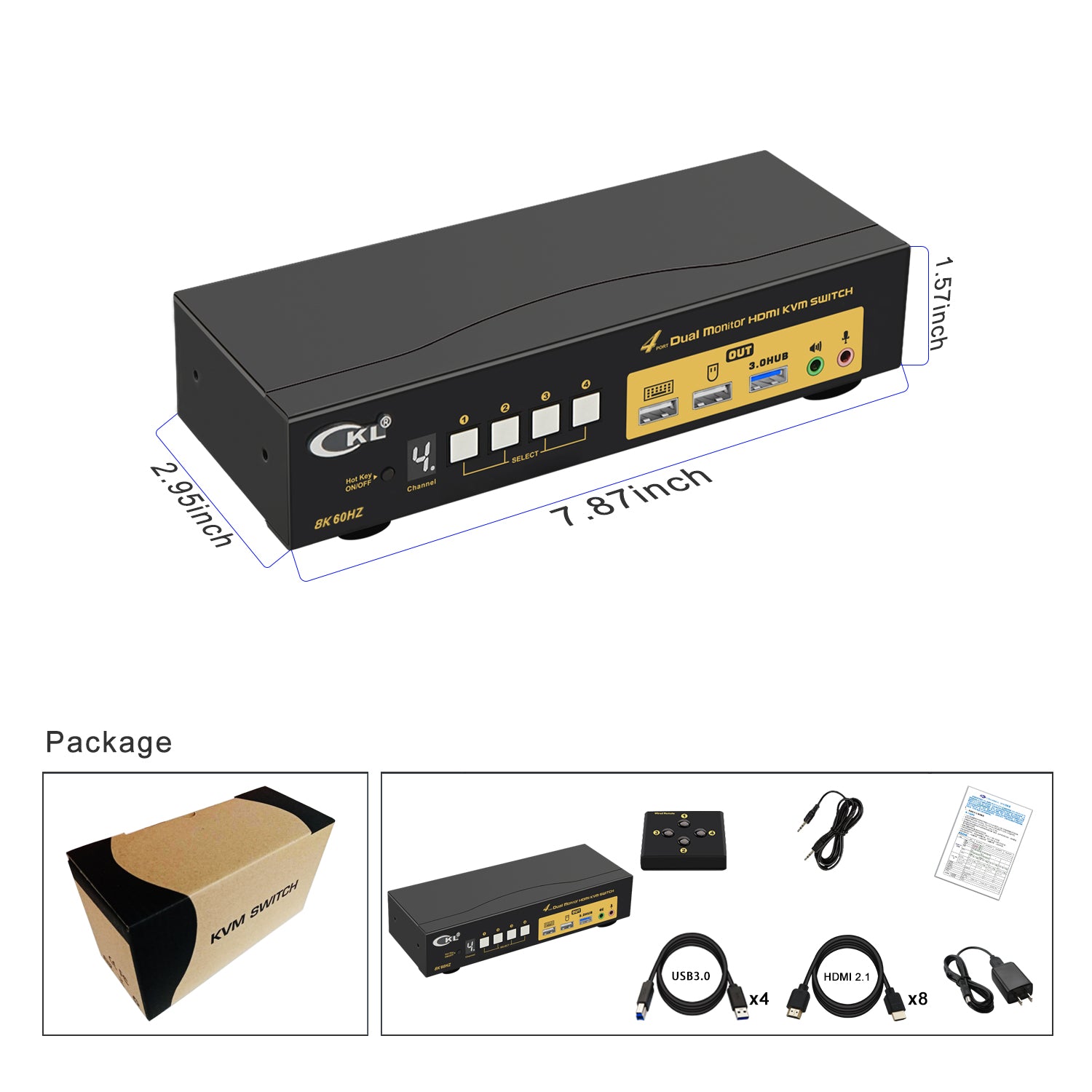 CKL 4 Port USB 3.0 KVM Switch Dual Monitor HDMI 2.1 8K 60Hz 4K 120Hz 144Hz with EDID for 4 Computers 2 Monitor