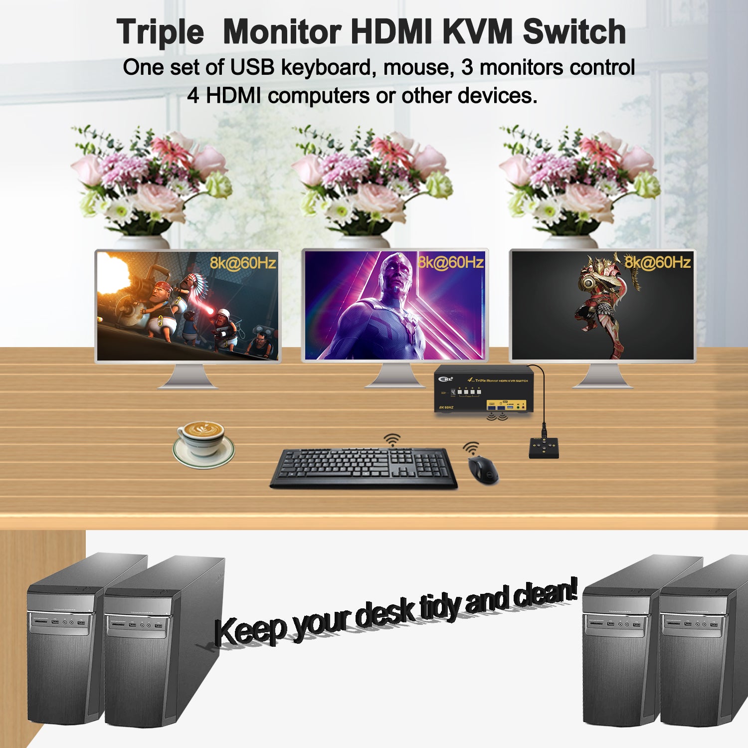 CKL 4 Port Triple Monitor USB 3.0 KVM Switch HDMI 2.1 8K 60Hz 4K 120Hz 144Hz with EDID, PC Screen Keyboard Mouse Peripheral Audio Sharing Selector Box for 4 Computers 3 Monitors (943HUA-5)