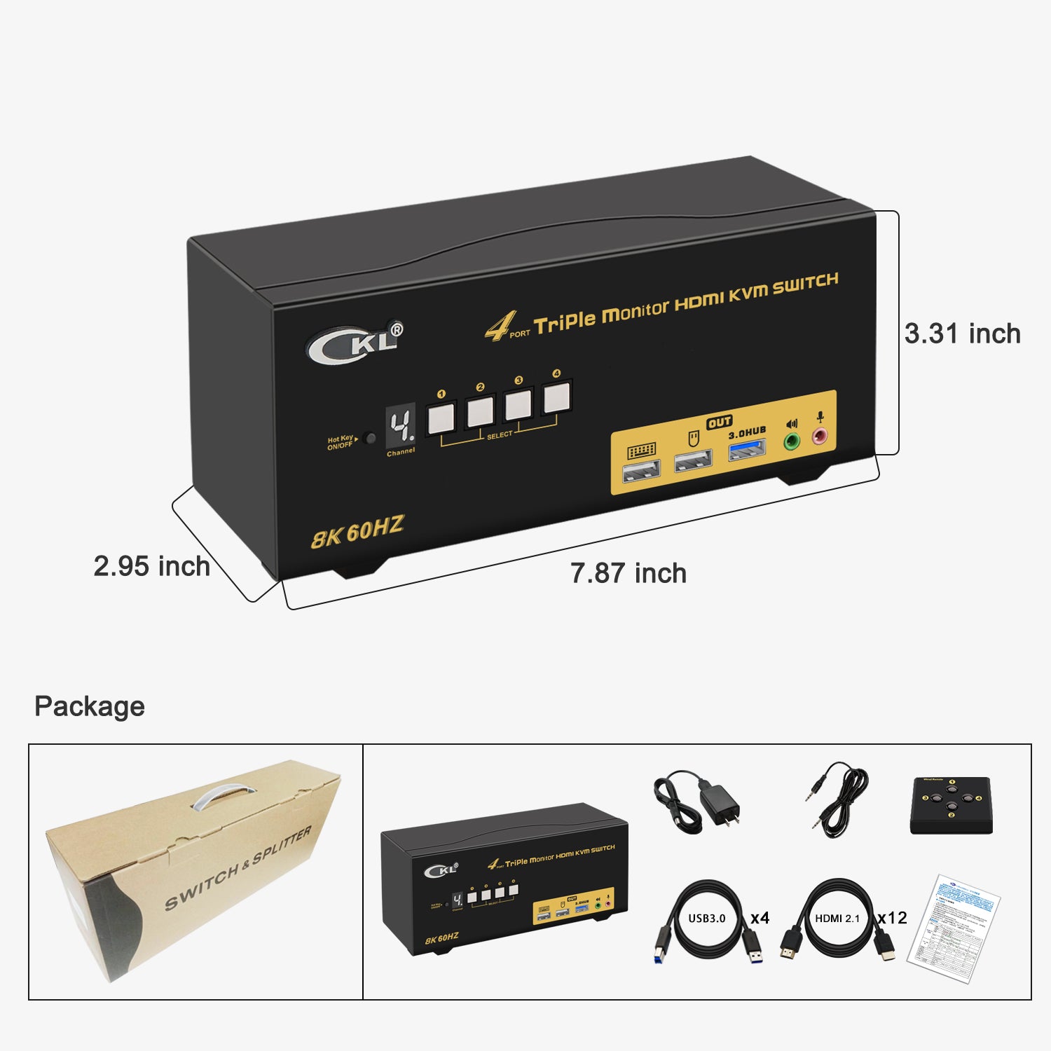 CKL 4 Port Triple Monitor USB 3.0 KVM Switch HDMI 2.1 8K 60Hz 4K 120Hz 144Hz with EDID, PC Screen Keyboard Mouse Peripheral Audio Sharing Selector Box for 4 Computers 3 Monitors (943HUA-5)