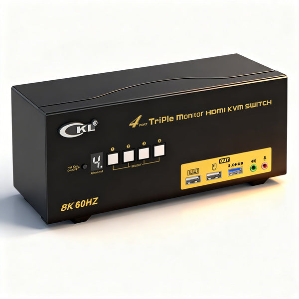 CKL 4 Port Triple Monitor USB 3.0 KVM Switch HDMI 2.1 8K 60Hz 4K 120Hz 144Hz with EDID, PC Screen Keyboard Mouse Peripheral Audio Sharing Selector Box for 4 Computers 3 Monitors (943HUA-5) CKL KVM Switches