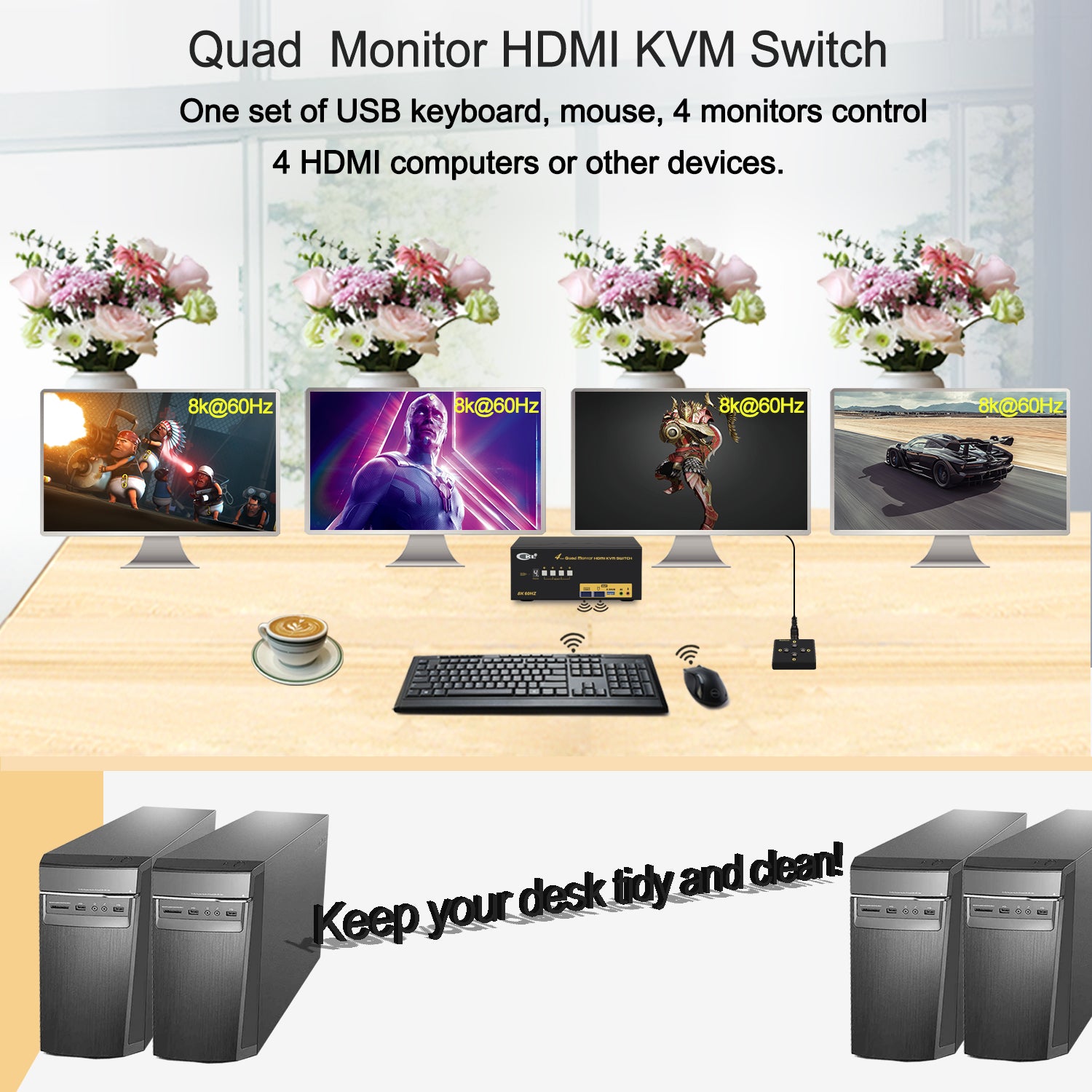 CKL 4x4 Quad Monitor KVM Switch HDMI 2.1 8K 60Hz 4K 120Hz 144Hz with EDID for 4 Computers 4 Monitors (944HUA-5)