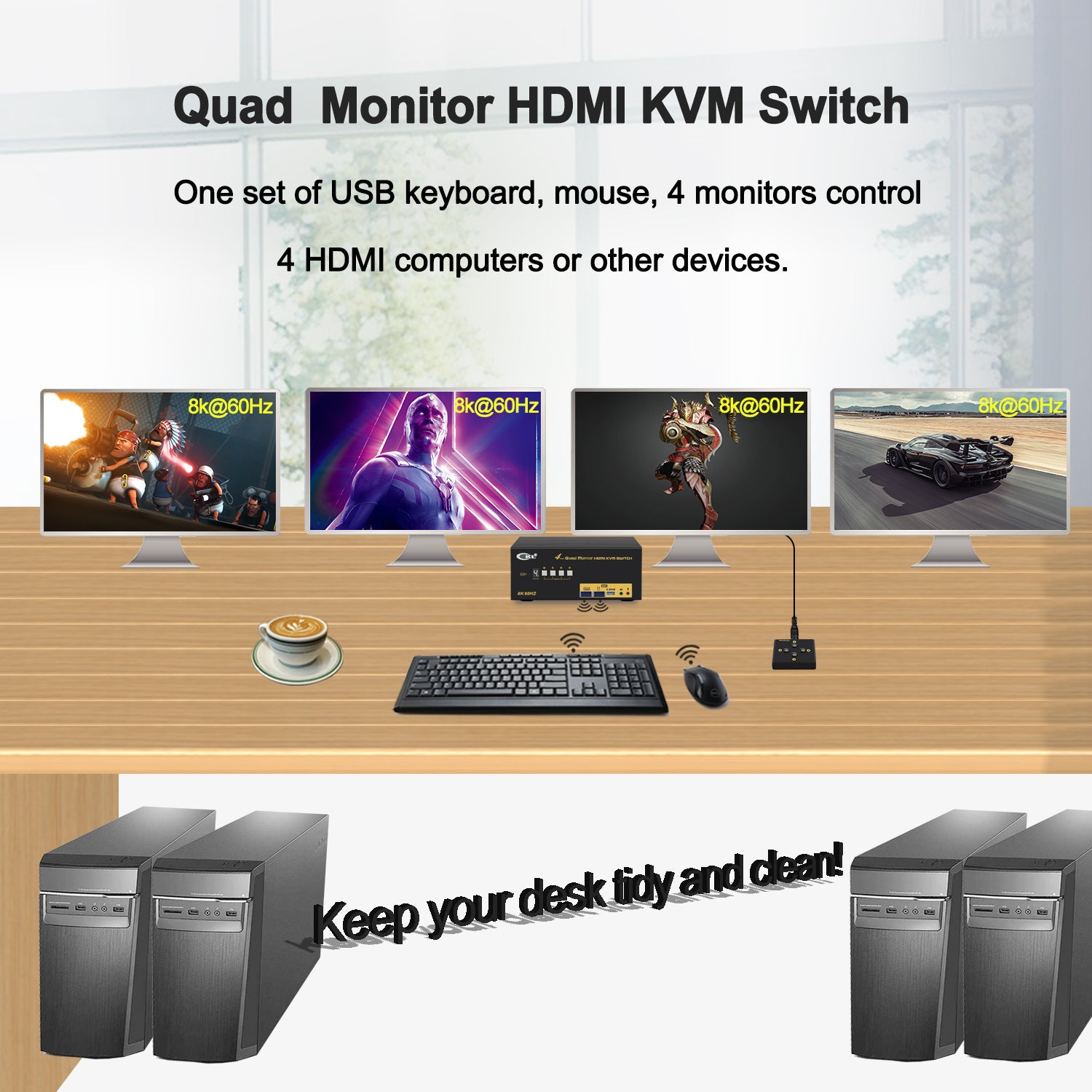 CKL 4-Port KVM Switch 4 Monitors HDMI 2.1 8K@60Hz 4K@144Hz | 944HUA-5