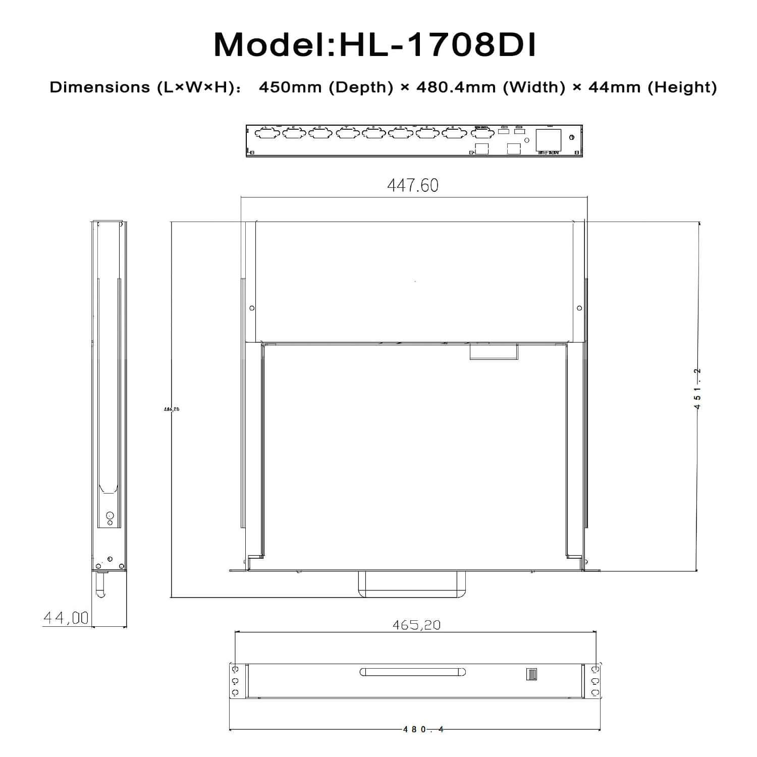 8 Port 17.3” LED VGA  RackMount IP KVM, Support Up to 1920*1080 @60Hz (HL-1708DI)