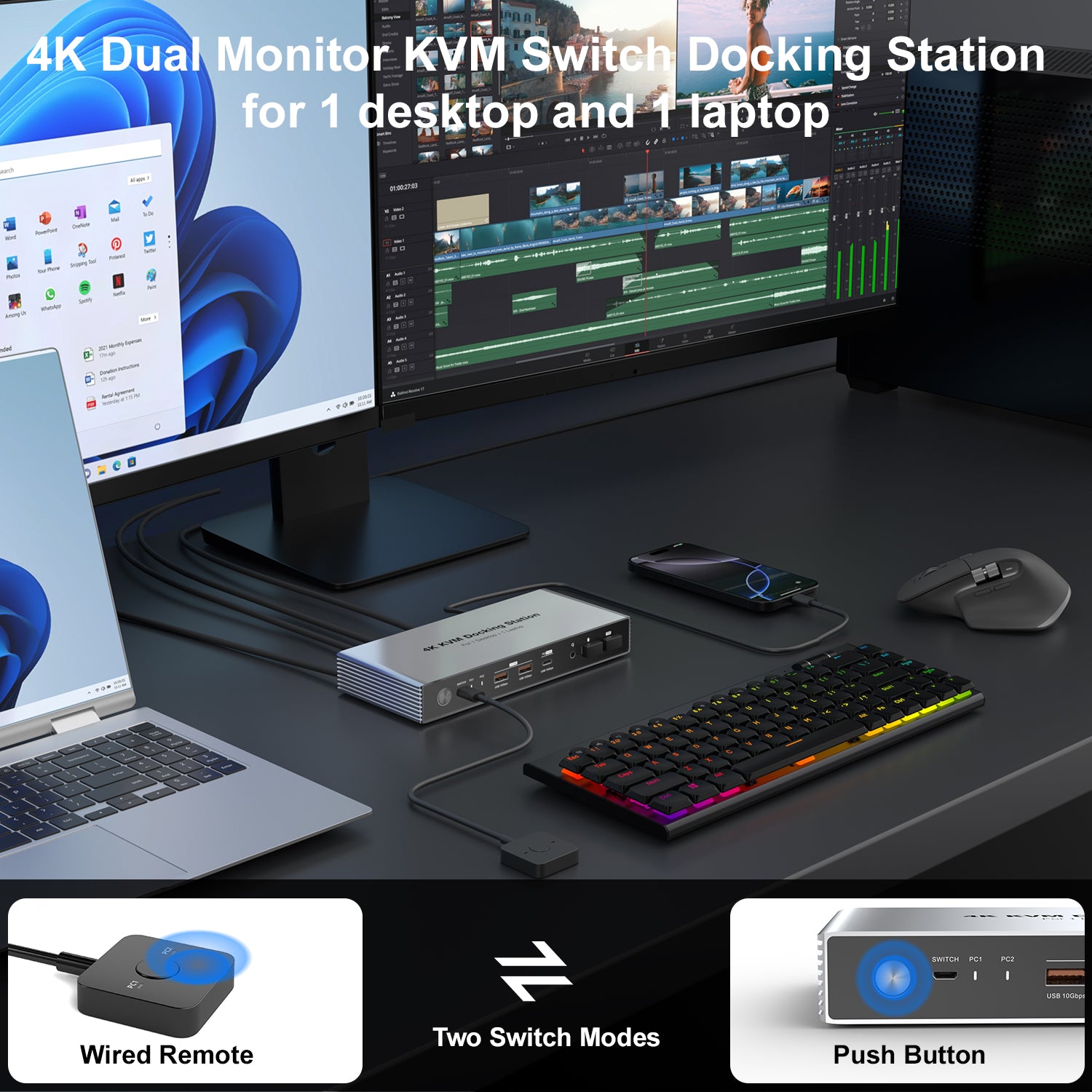 Dual Monitor KVM Switch Docking Station 4K@60Hz for 2 Computers (1 Desktop and 1 Laptop) Sharing Keyboard, Mouse, Video, USB and Audio Devices, With USB C 7.5W and 15W PD Downstream Charging, Support MST on Windows, SST on MacOS