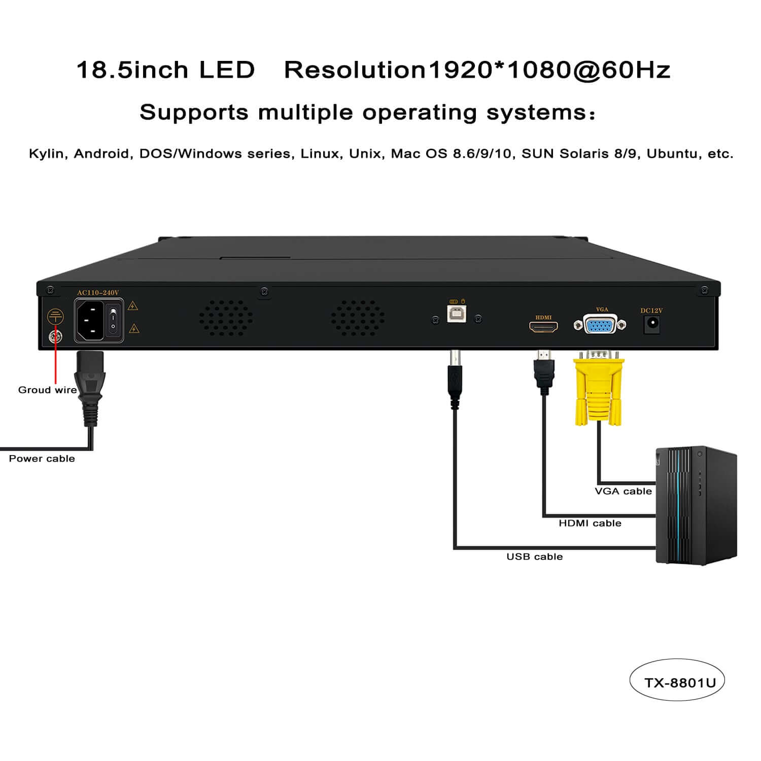 18.5” LED VGA RackMount KVM, Support Up to 1920*1080 @60Hz (TX-8801U)