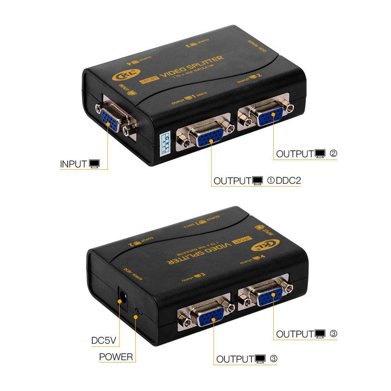VGA Splitter 4 Port 1 PC to 4 Monitors Video Distributor Amplifier Daisy Chainable USB Powered Supports 250MHz 1920x1400 CKL-1041U