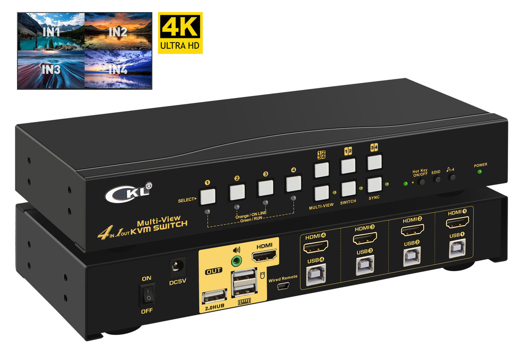 CKL Multi View HDMI KVM Switch 4 Port with Audio and USB2.0 HUB, Quad Split Screen PC Monitor Keyboard Mouse Switcher 4K x 2K