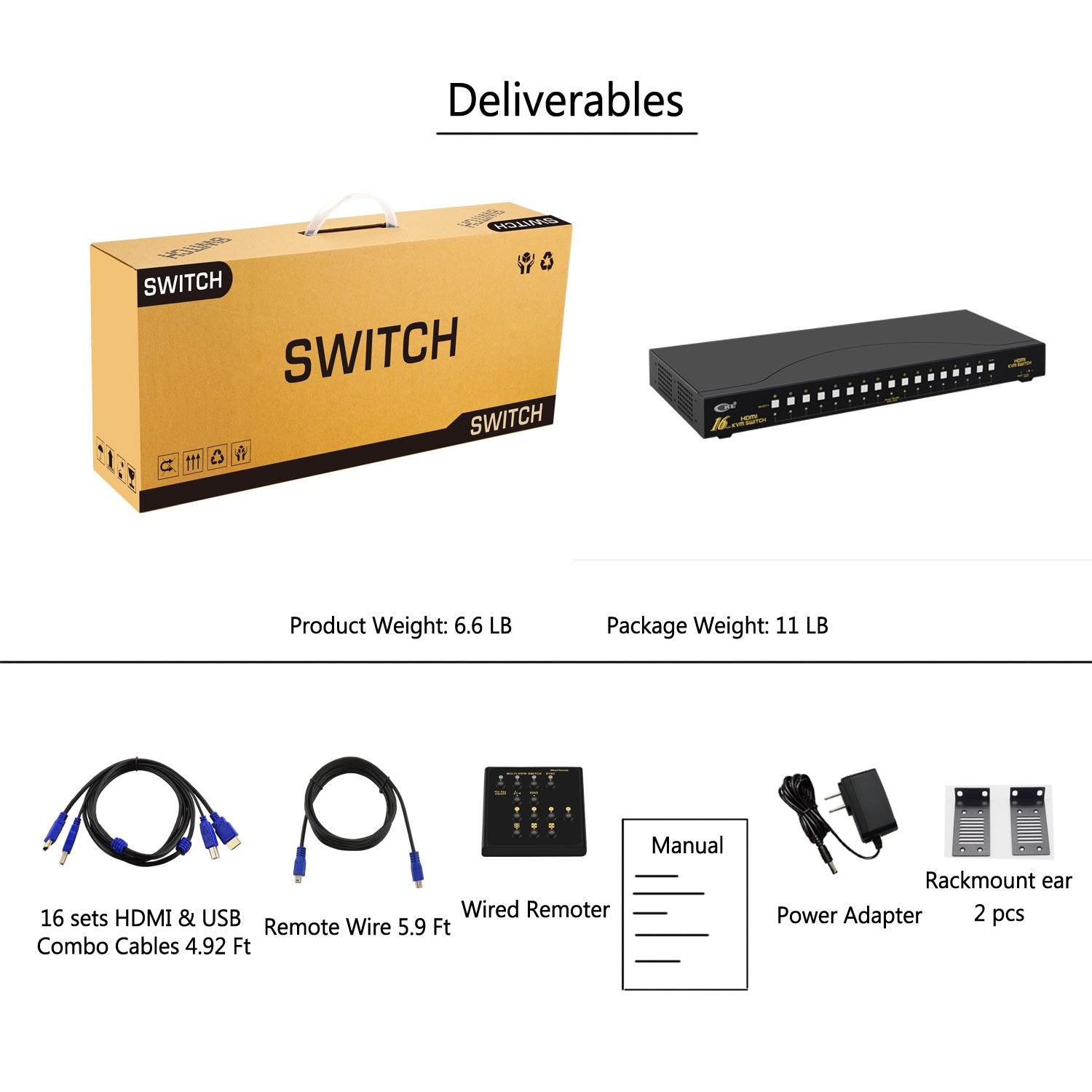 CKL HDMI KVM Switch 16 Port 4K 30Hz with USB 2.0 HUB and Cables 9116H-1 - CKL KVM Switches