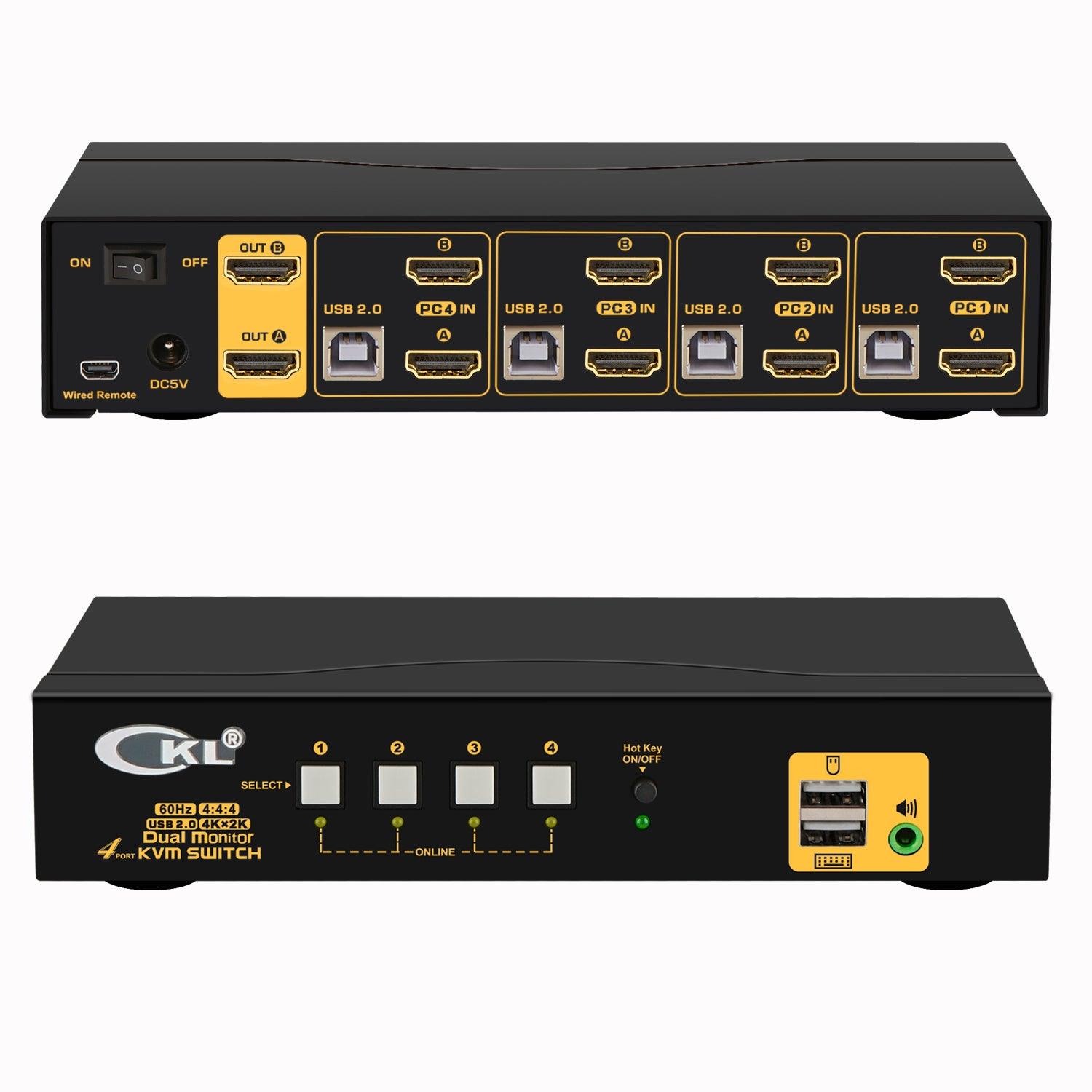 4 Port KVM Switch Dual Monitor HDMI 4K 60Hz for 4 Computers 2 Extended Display with Cables, No Extra USB 2.0 HUB, Supports YUV 4:4:4, HDCP 1.4, HDR 10, EDID, Audio, Hotkey 942HUA-1A - CKL KVM Switches