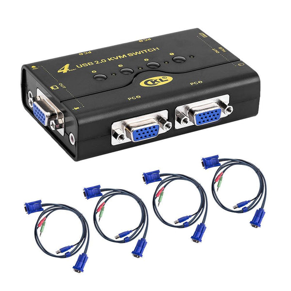 VGA KVM Switch 4 Port + Cable Kits + USB 2.0 HUB Support Audio Microphone 2048 * 1536 450MHz，4 Computers Sharing PC Monitor Keyboard Mouse Printer Scanner U Disk CKL-41UA