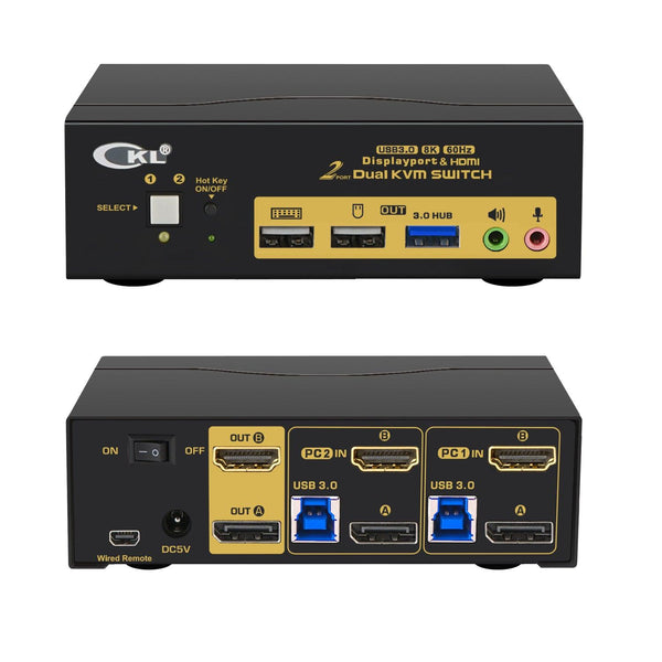 CKL 2 Port USB 3.0 KVM Switch Dual Monitor HDMI 2.0 4K@60Hz(HDMI Out) + DisplayPort 1.4 8K 30Hz 4K 120Hz 144Hz (DP Out), Keyboard Video Mouse Peripherals Switcher for 2 Computers 2 Monitors with Audio (622DH-4)